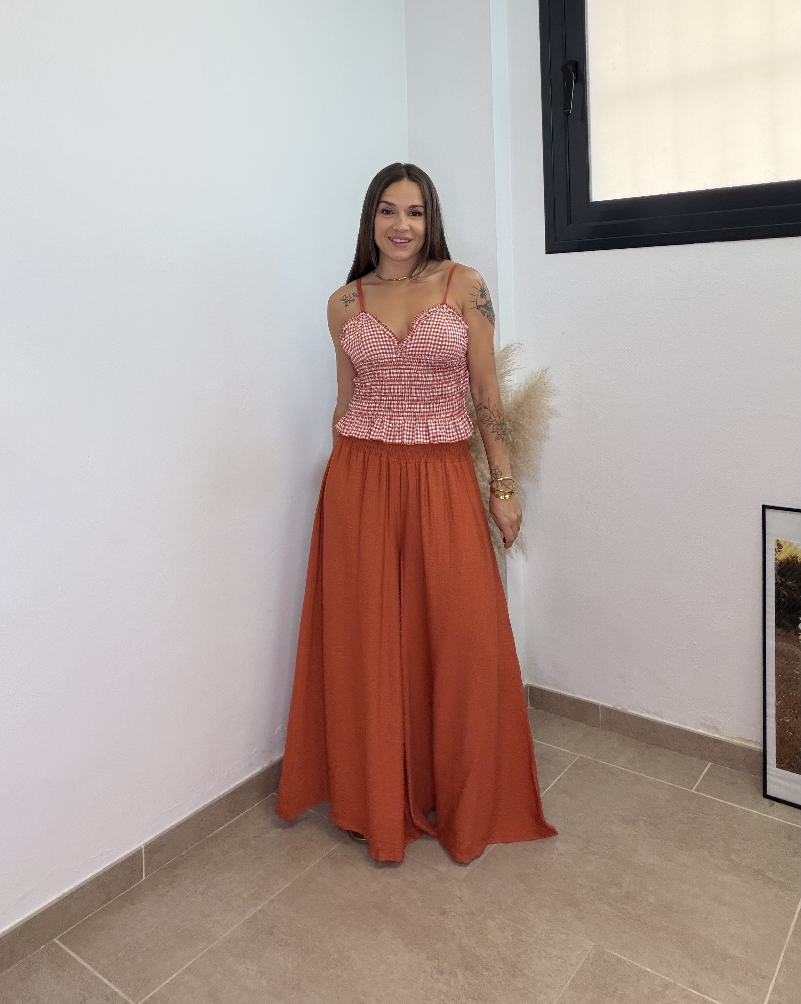 Pantalón efecto falda – Teja