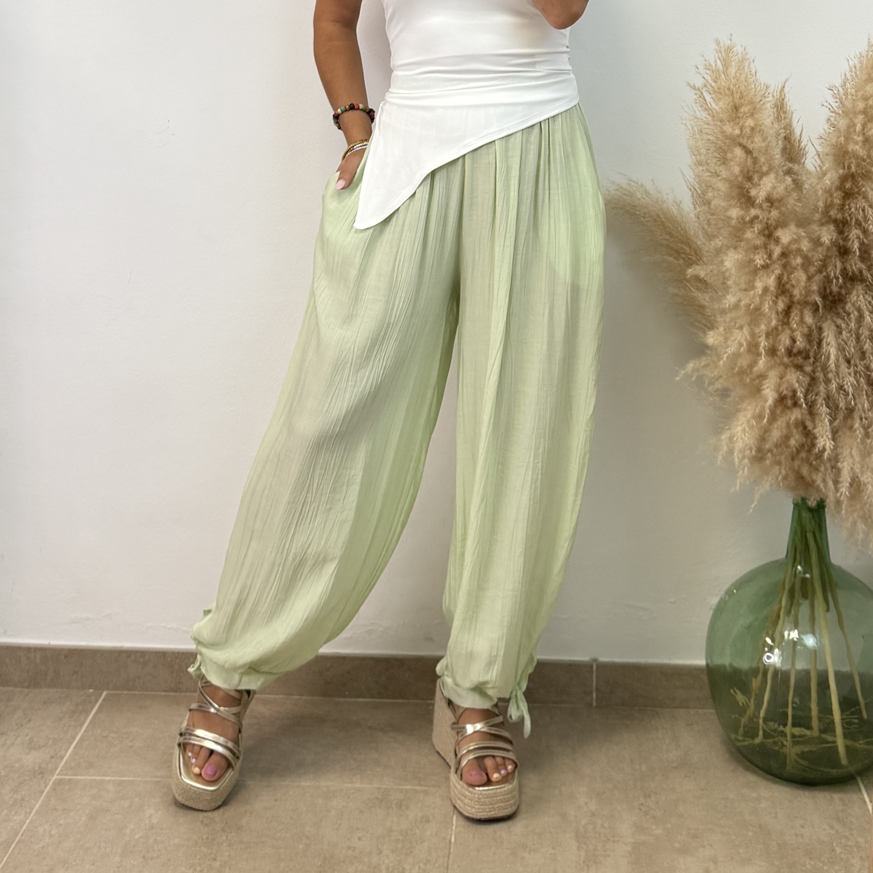 Pantalón lino con nudo - Verde agua