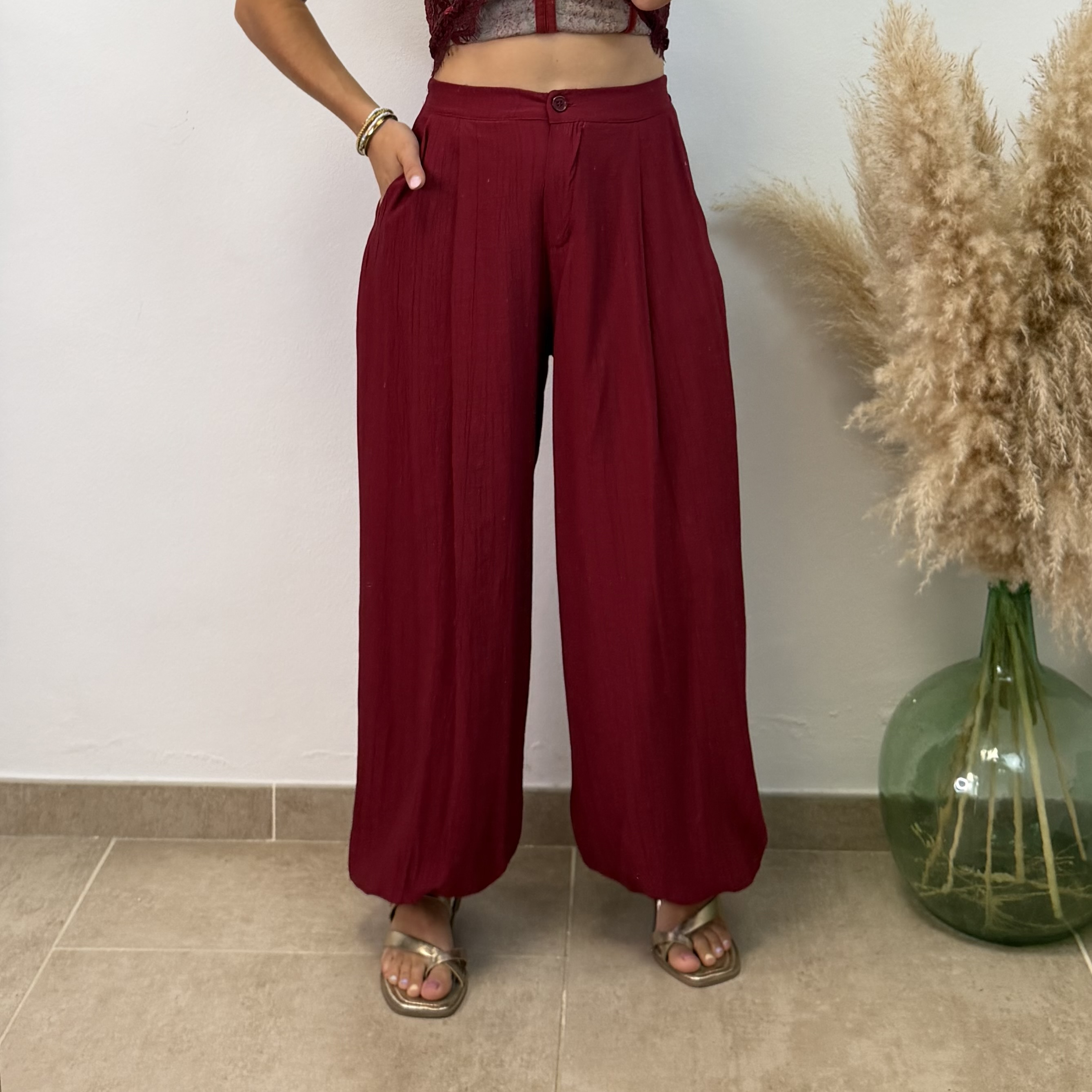 Pantalón efecto lino puño botón - Burdeos