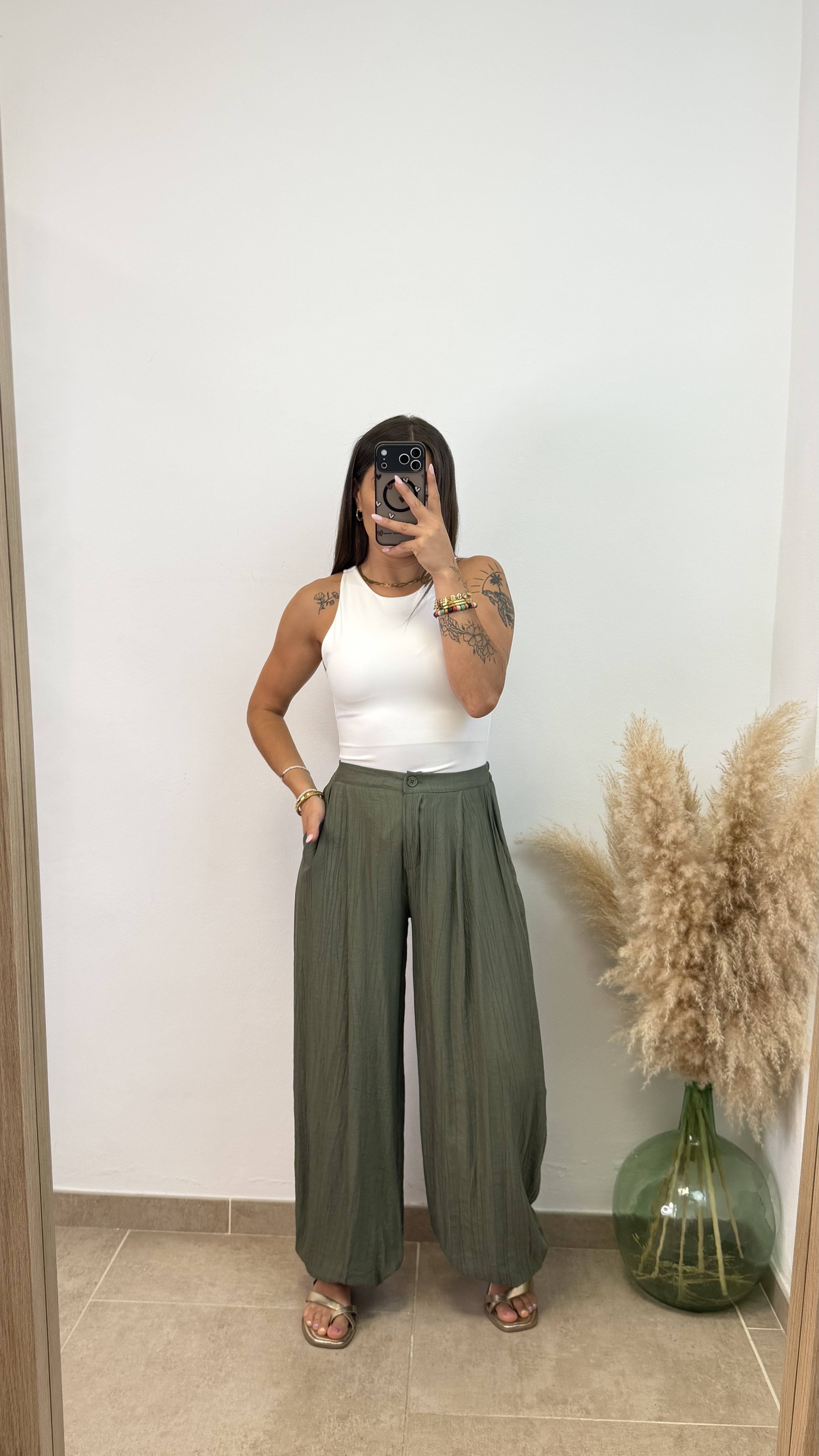 Pantalón efecto lino puño botón - Verde militar - Imagen 3