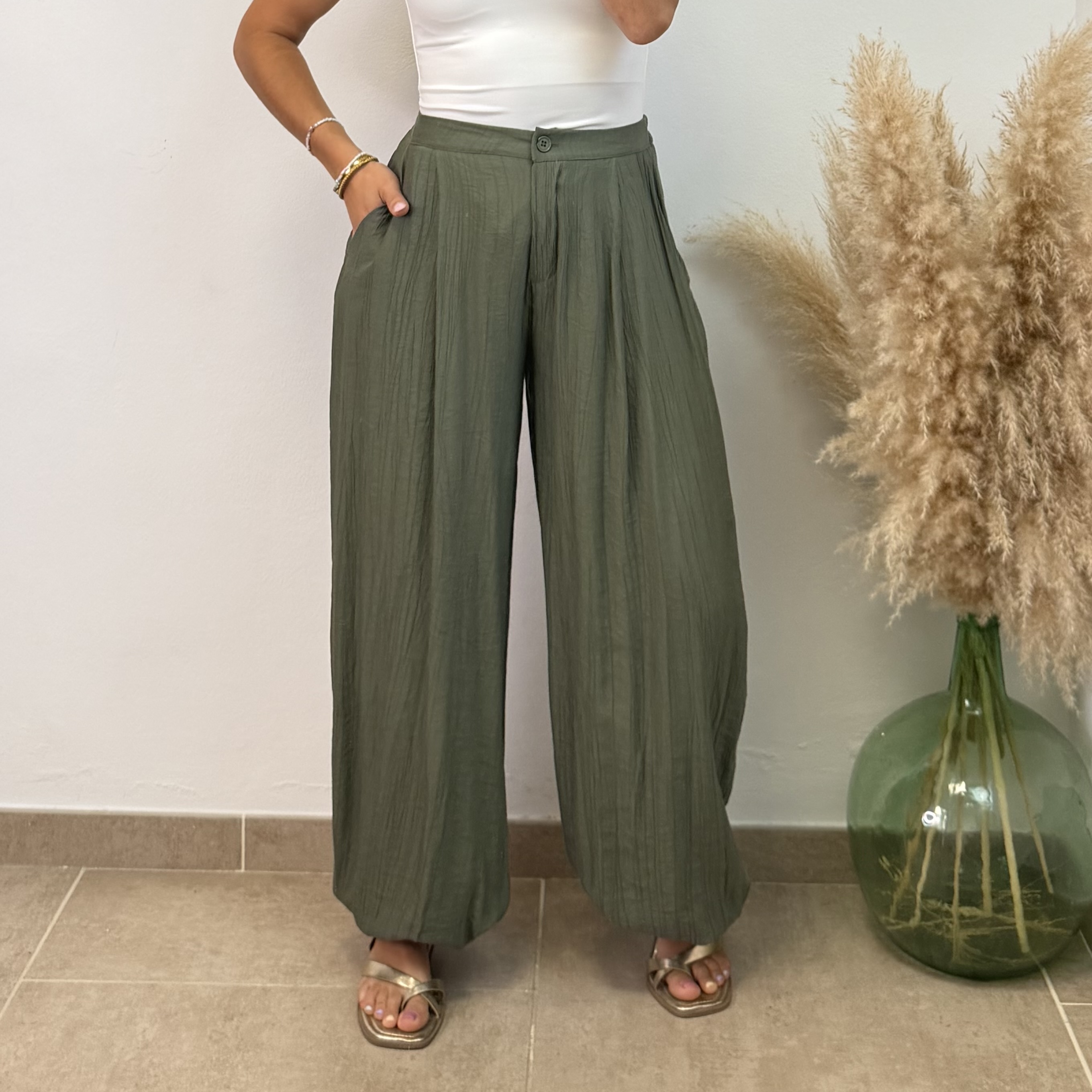 Pantalón efecto lino puño botón - Verde militar