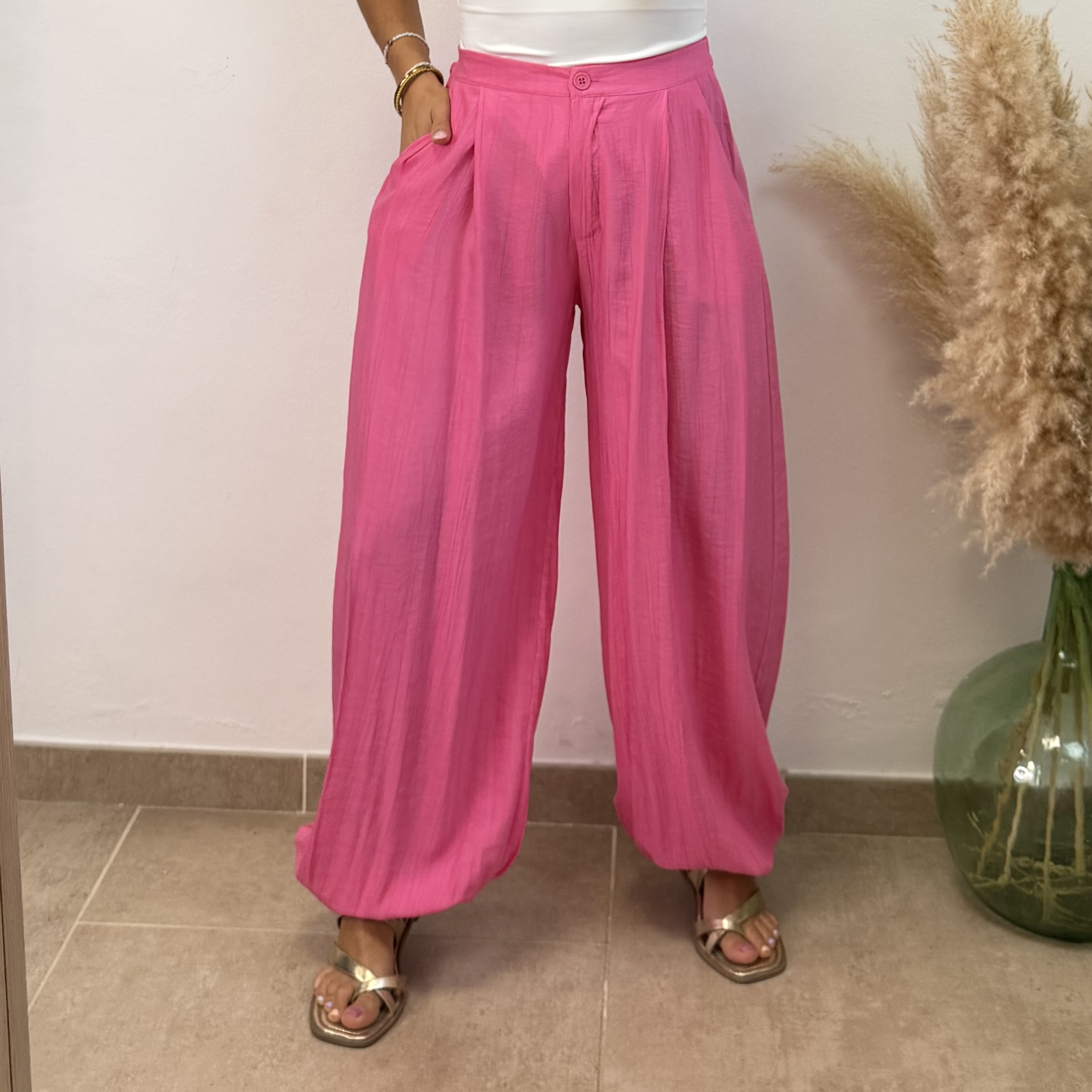 Pantalón efecto lino puño botón - Rosa fucsia