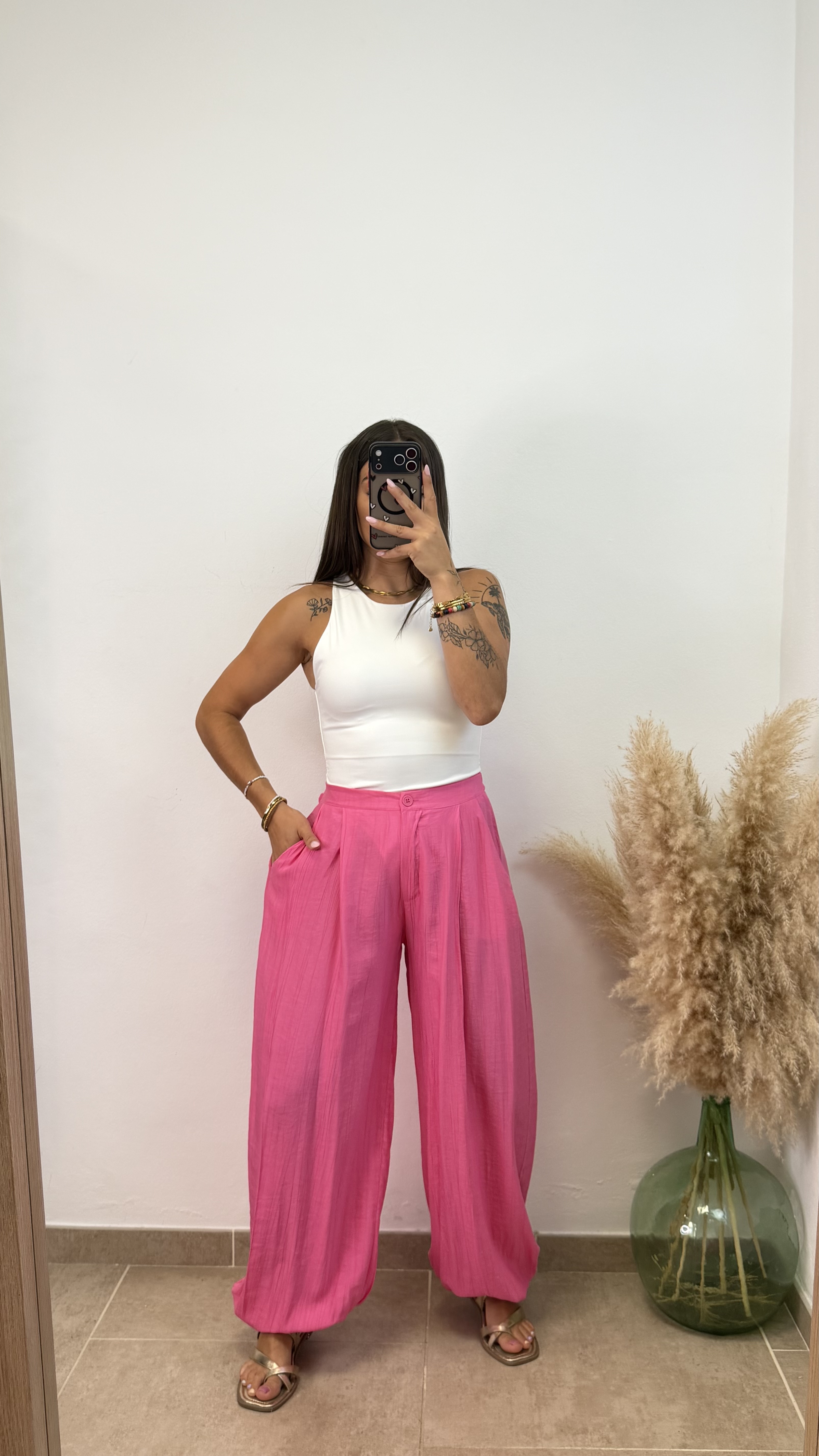 Pantalón efecto lino puño botón - Rosa fucsia - Imagen 3