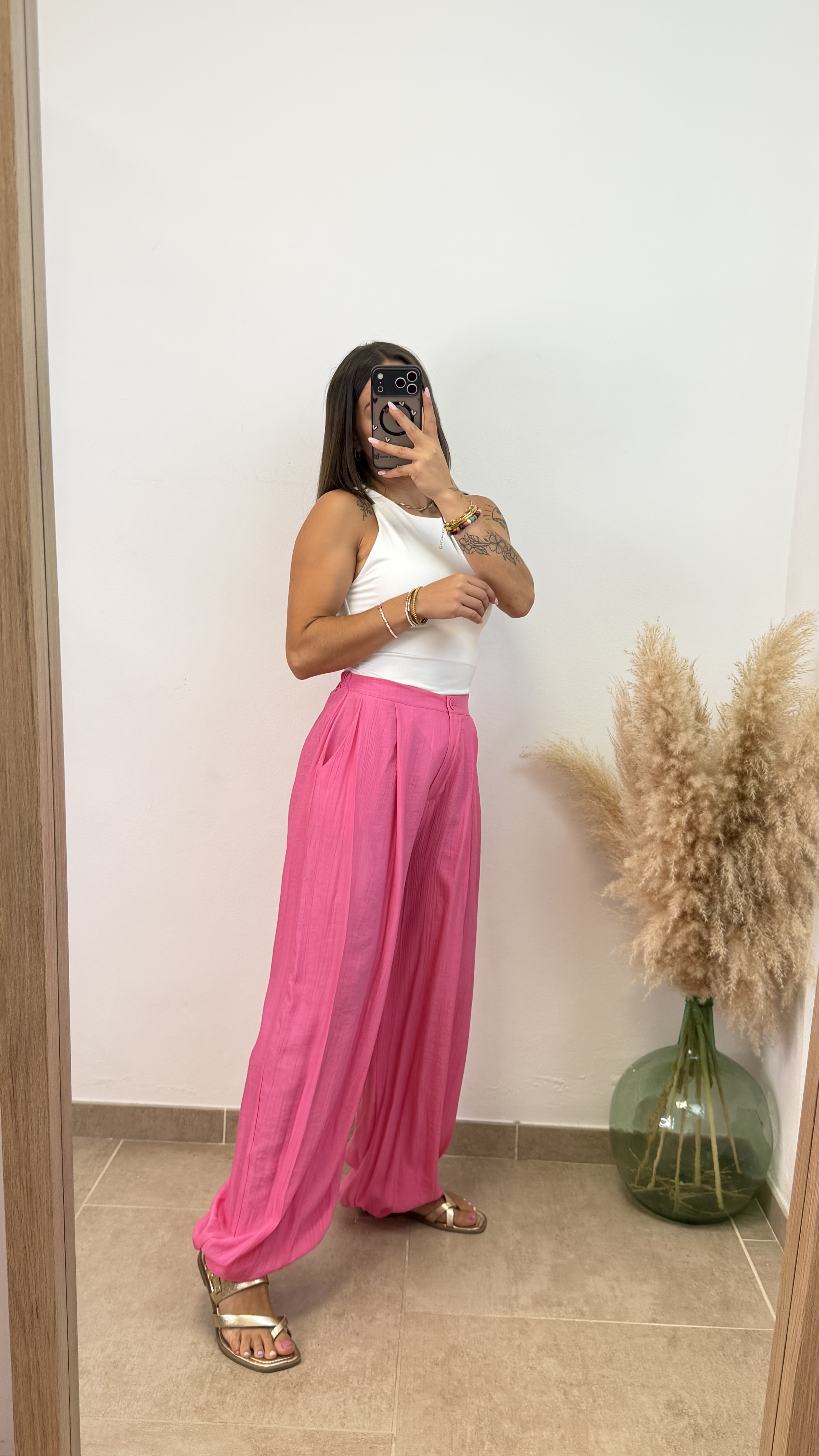 Pantalón efecto lino puño botón - Rosa fucsia - Imagen 2