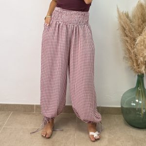 Pantalón  vichy panel de abeja - Burdeos