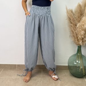 Pantalón  vichy panel de abeja - Azul marino