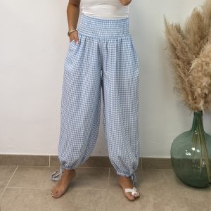 Pantalón  vichy panel de abeja - Celeste