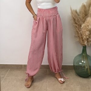 Pantalón  vichy panel de abeja - Rojo