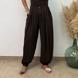 Pantalón viscosa pinza botón -  Chocolate