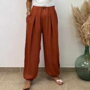Pantalón viscosa pinza botón -  Teja