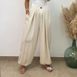 Pantalón viscosa pinza botón -  Beige