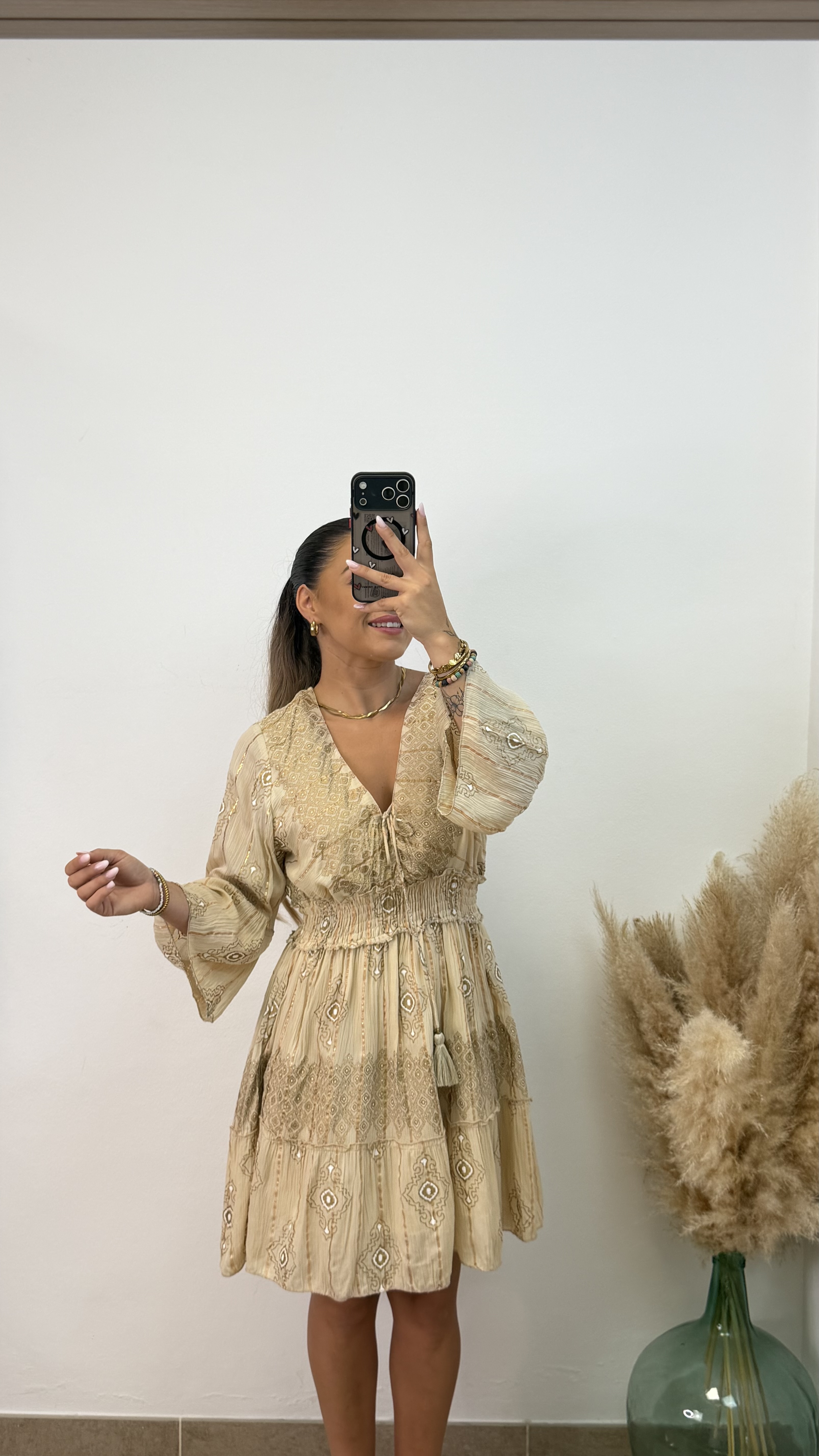 Vestido étnico corto beige - Imagen 2