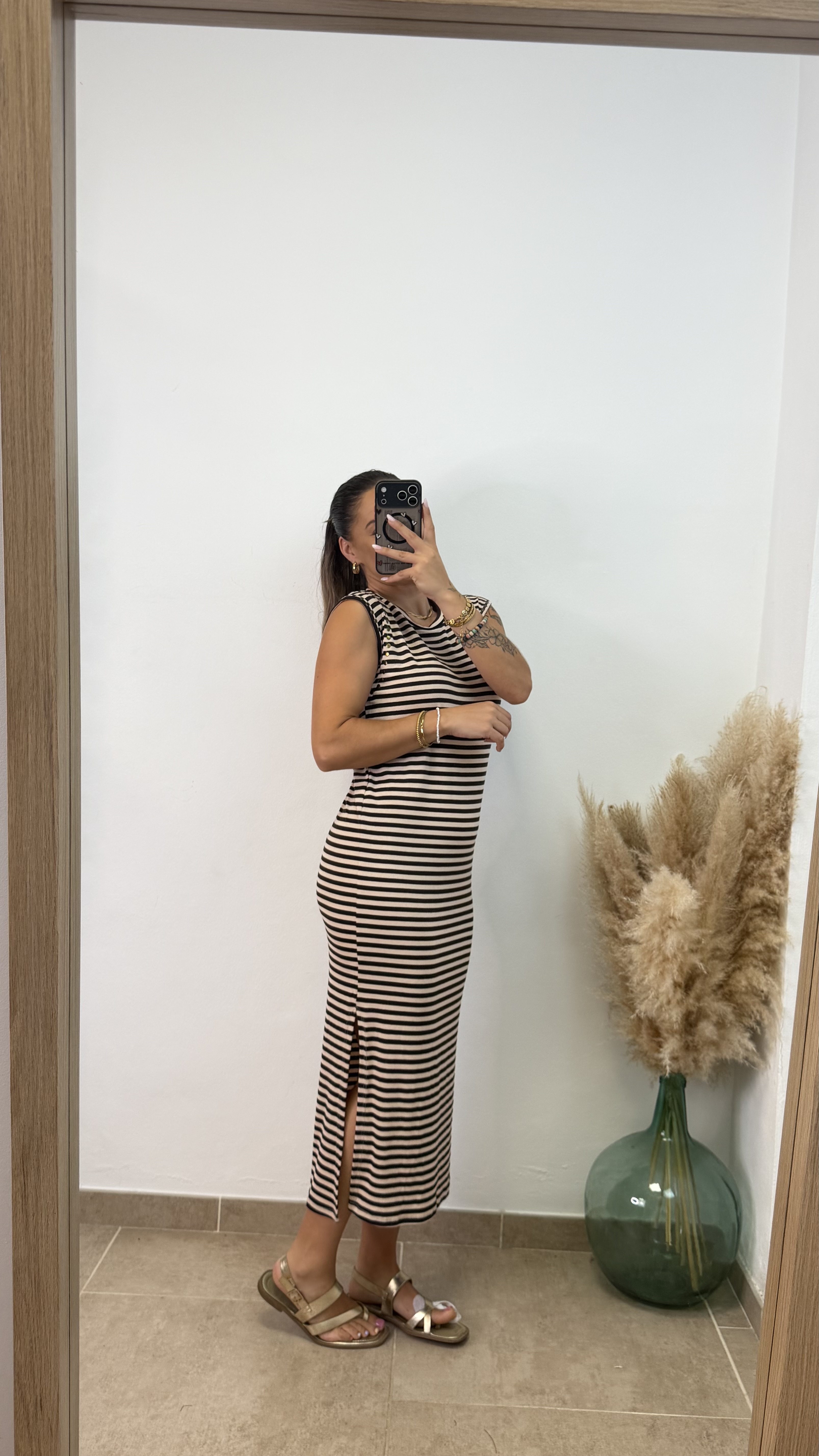 Vestido Rayas Tachuela I Beige-chocolate - Imagen 2
