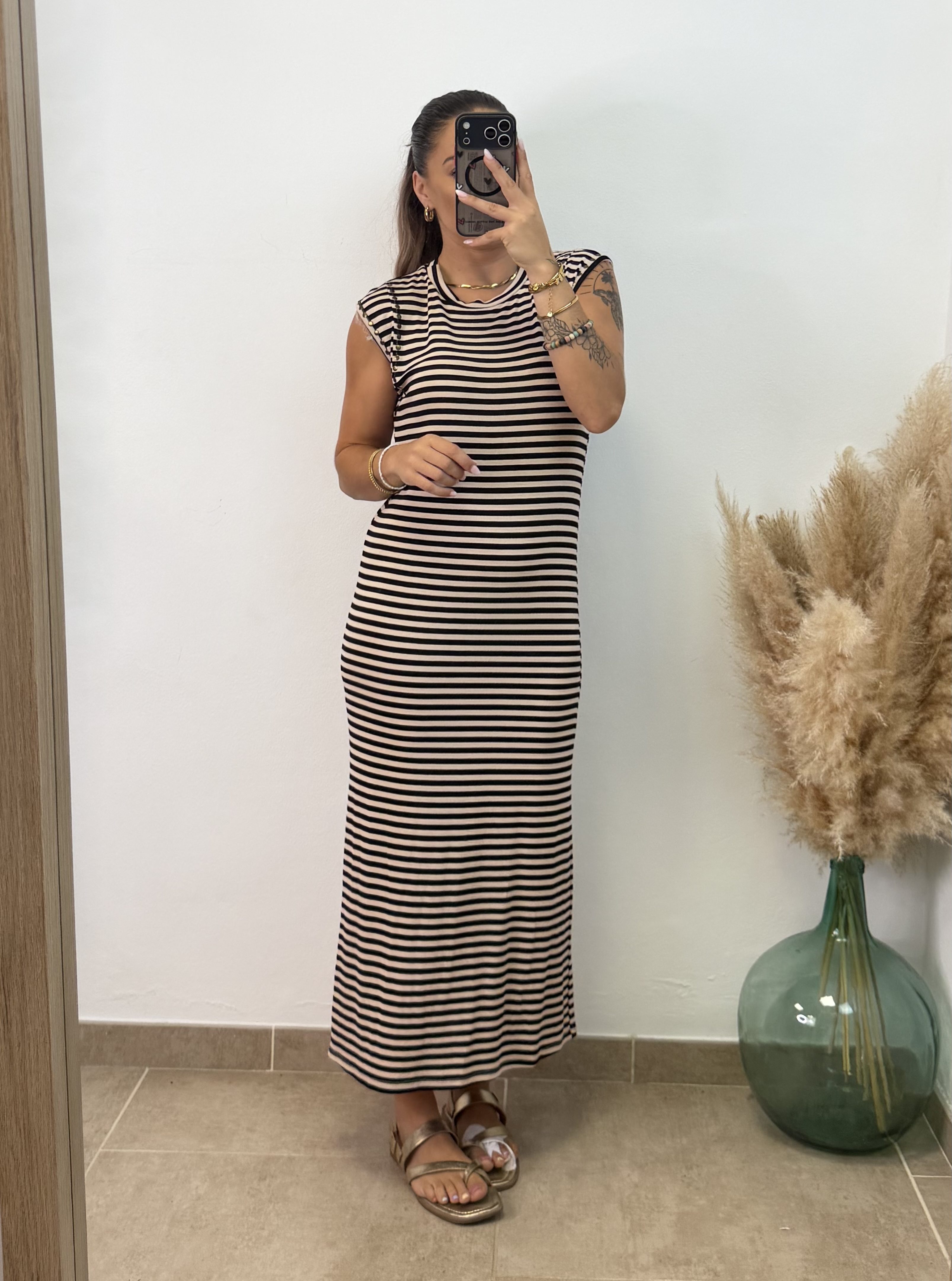 Vestido Rayas Tachuela - Negro-beige