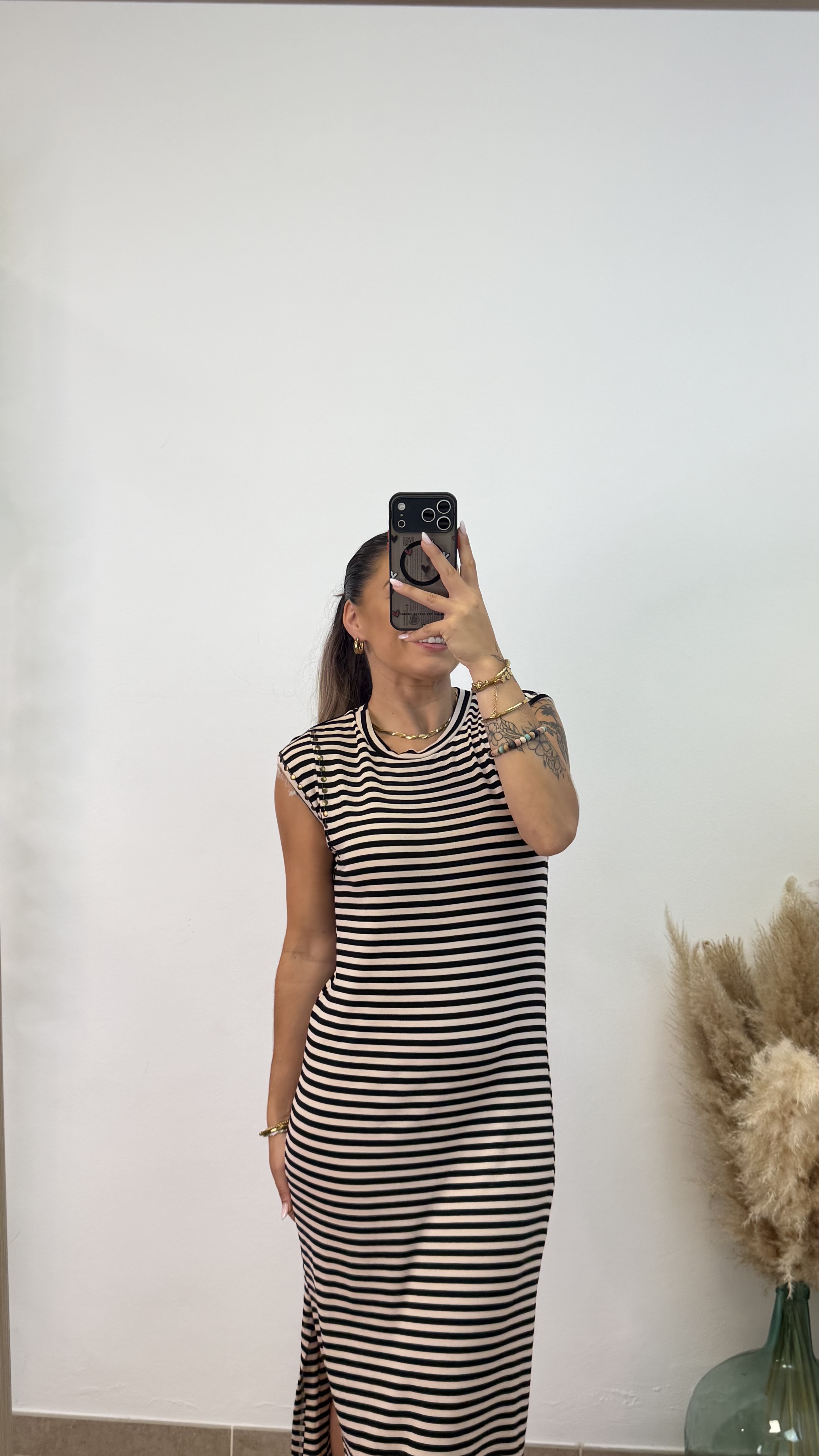 Vestido Rayas Tachuela - Negro-beige - Imagen 6