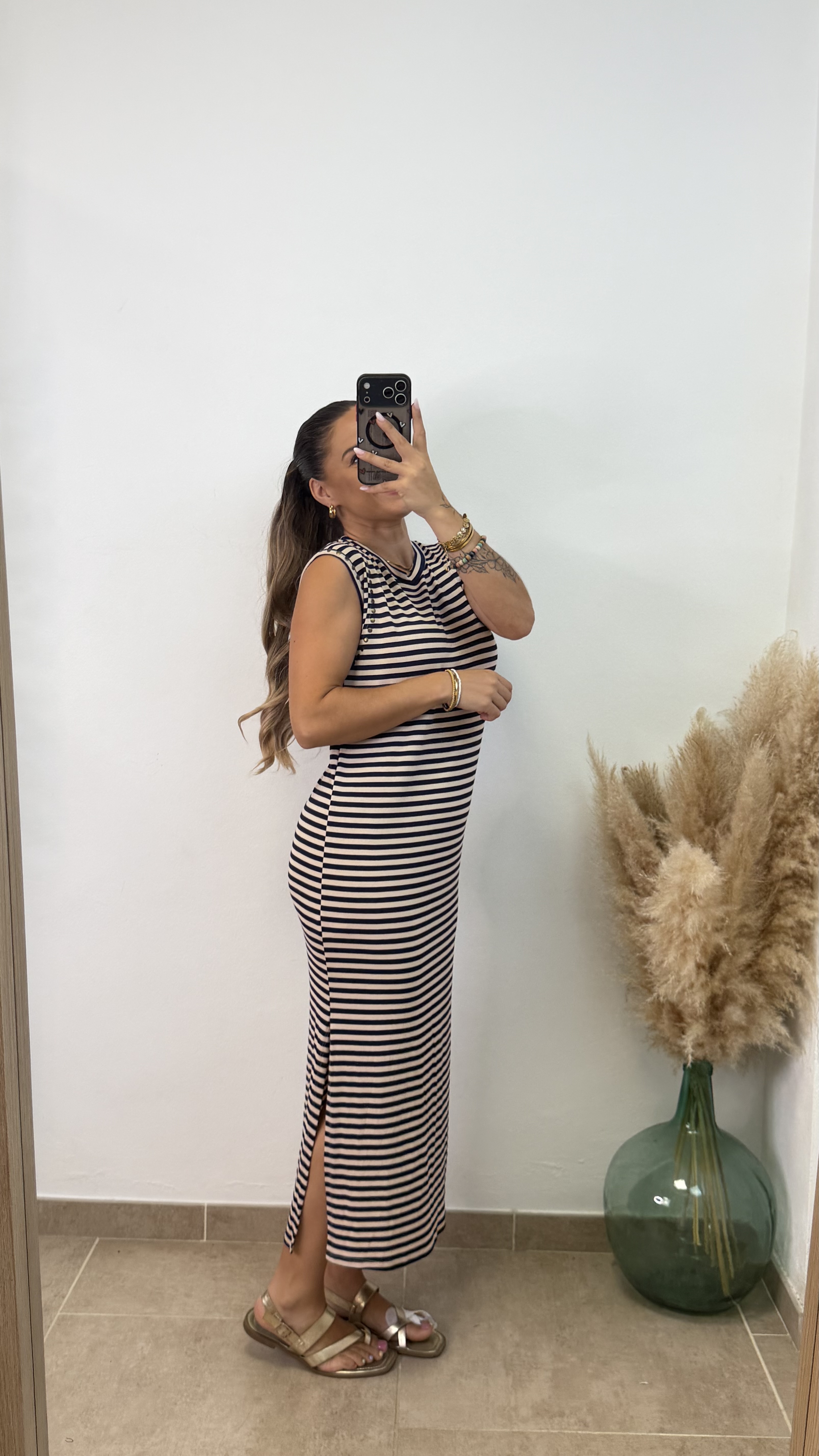 Vestido Rayas Tachuela - Negro-beige - Imagen 2