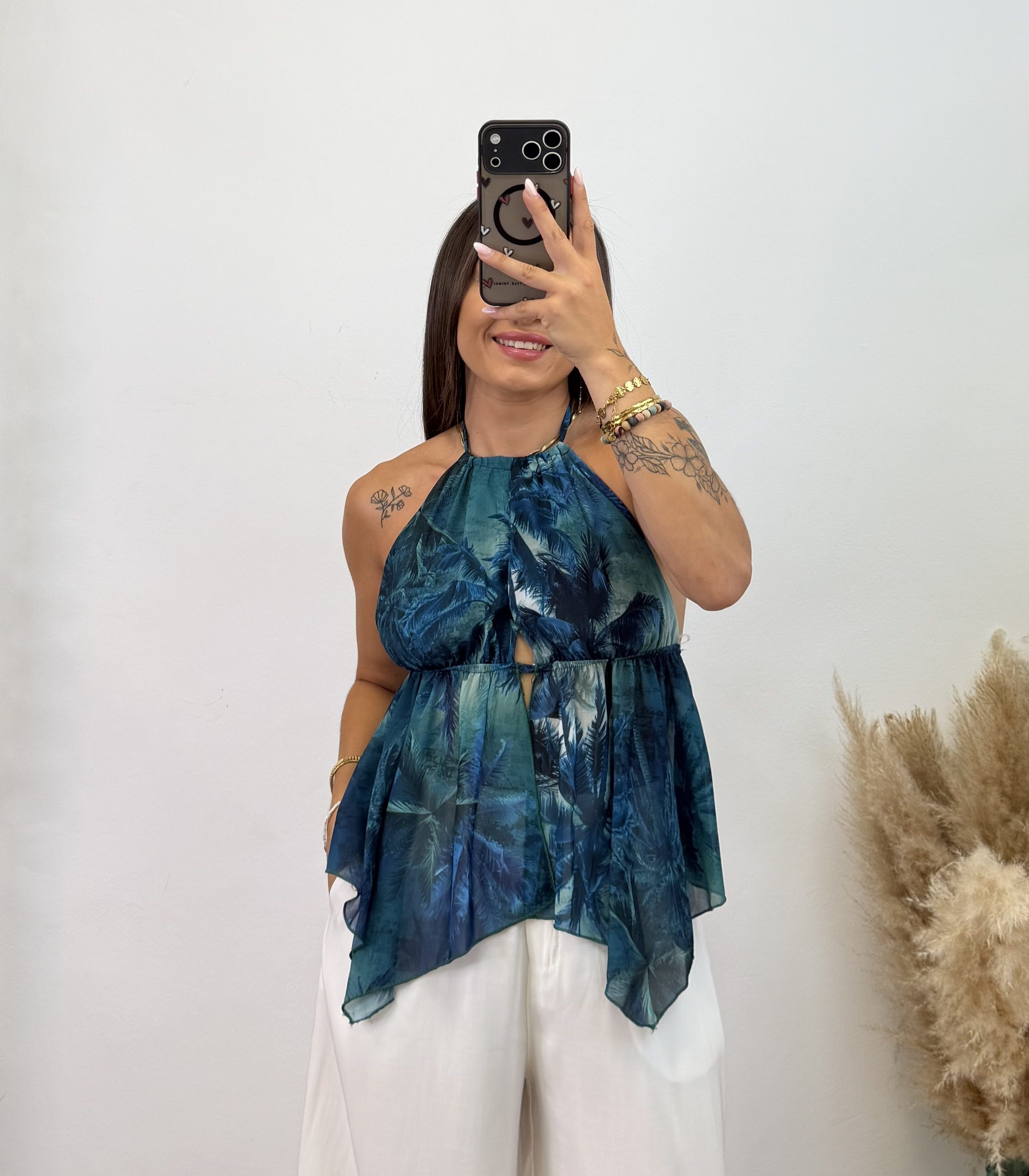 Camiseta espalda descubierta estampada - Turquesa