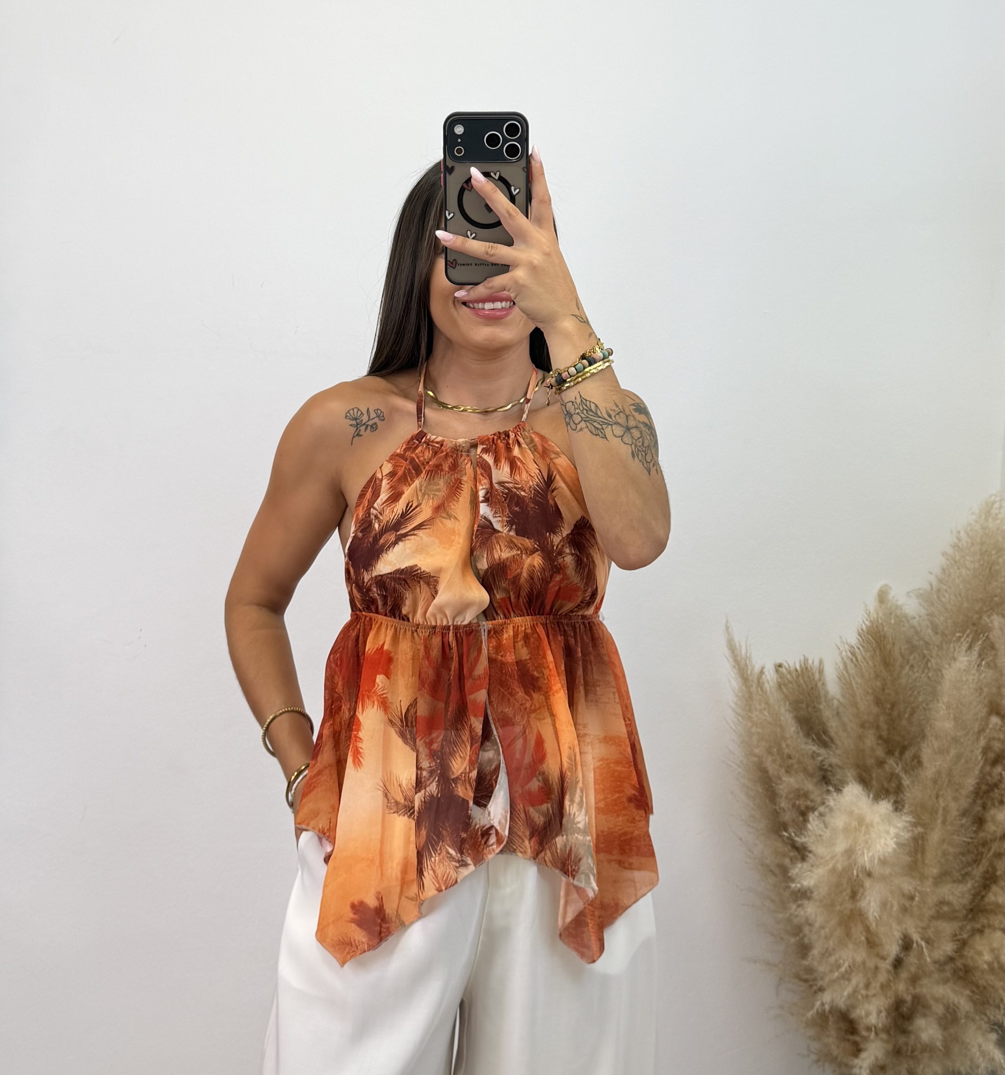 Camiseta espalda descubierta estampada - Naranja