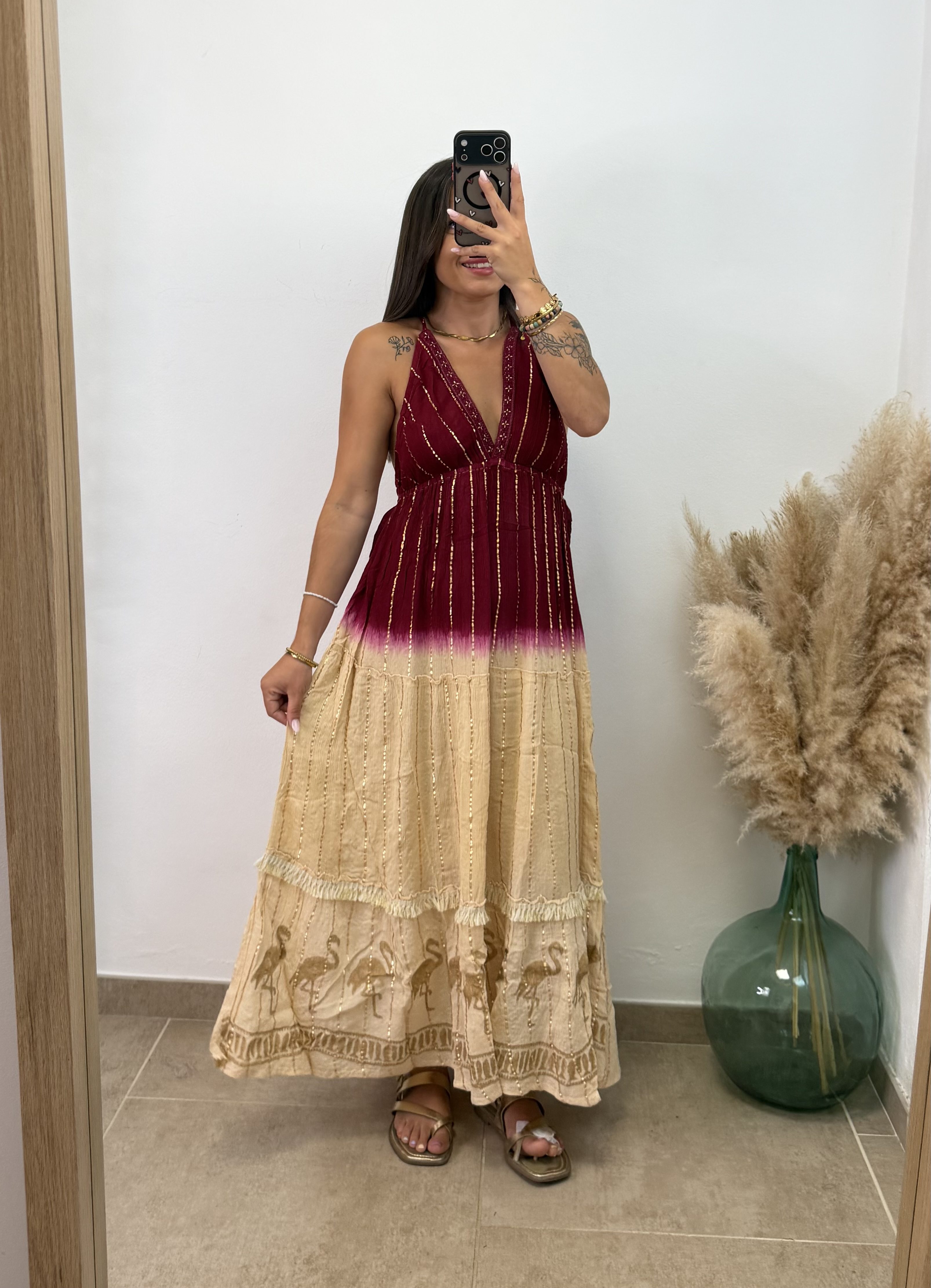 Vestido étnico espalda descubierta desgradado - Burdeos y dorado