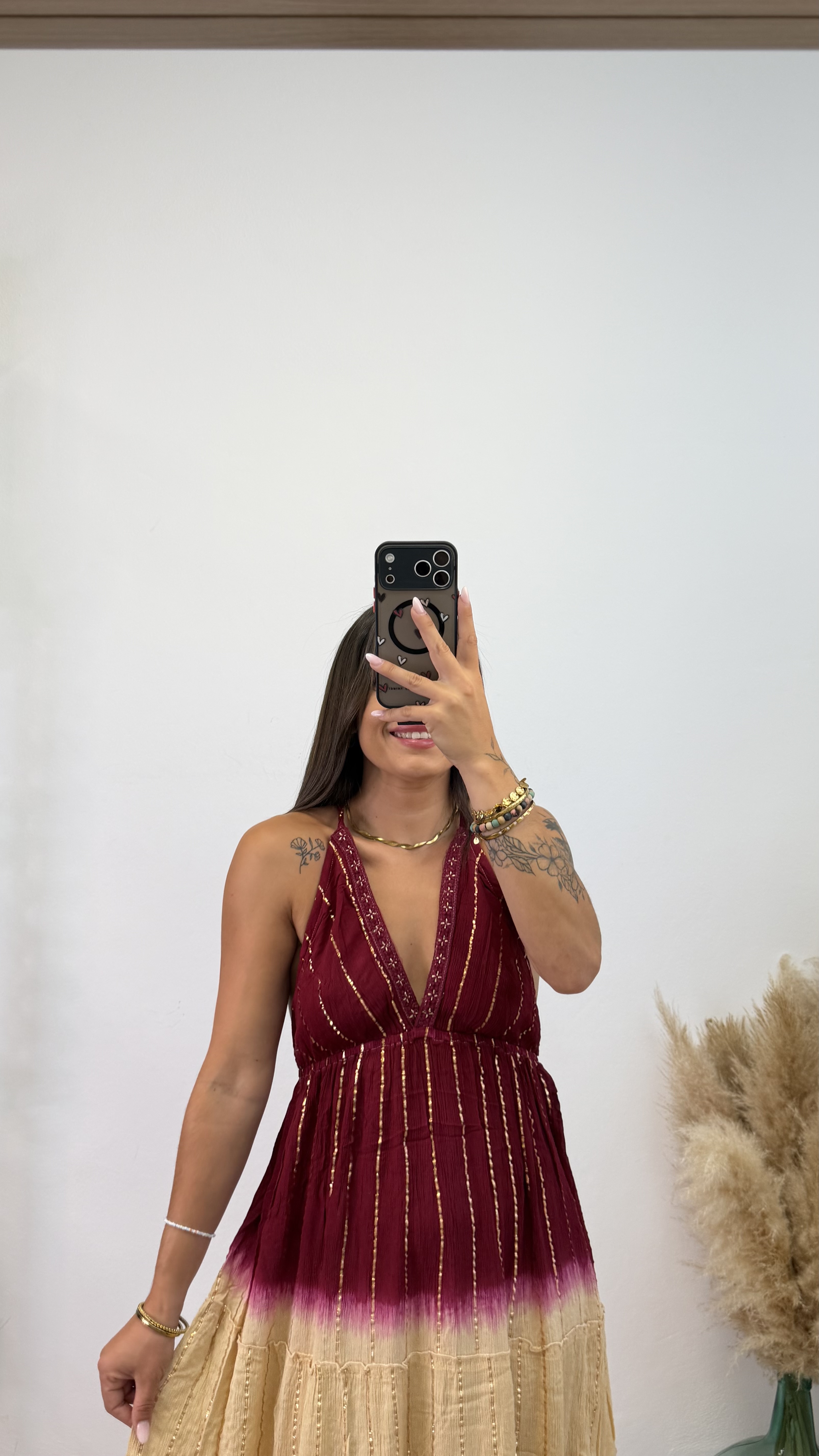 Vestido étnico espalda descubierta desgradado - Burdeos y dorado - Imagen 2