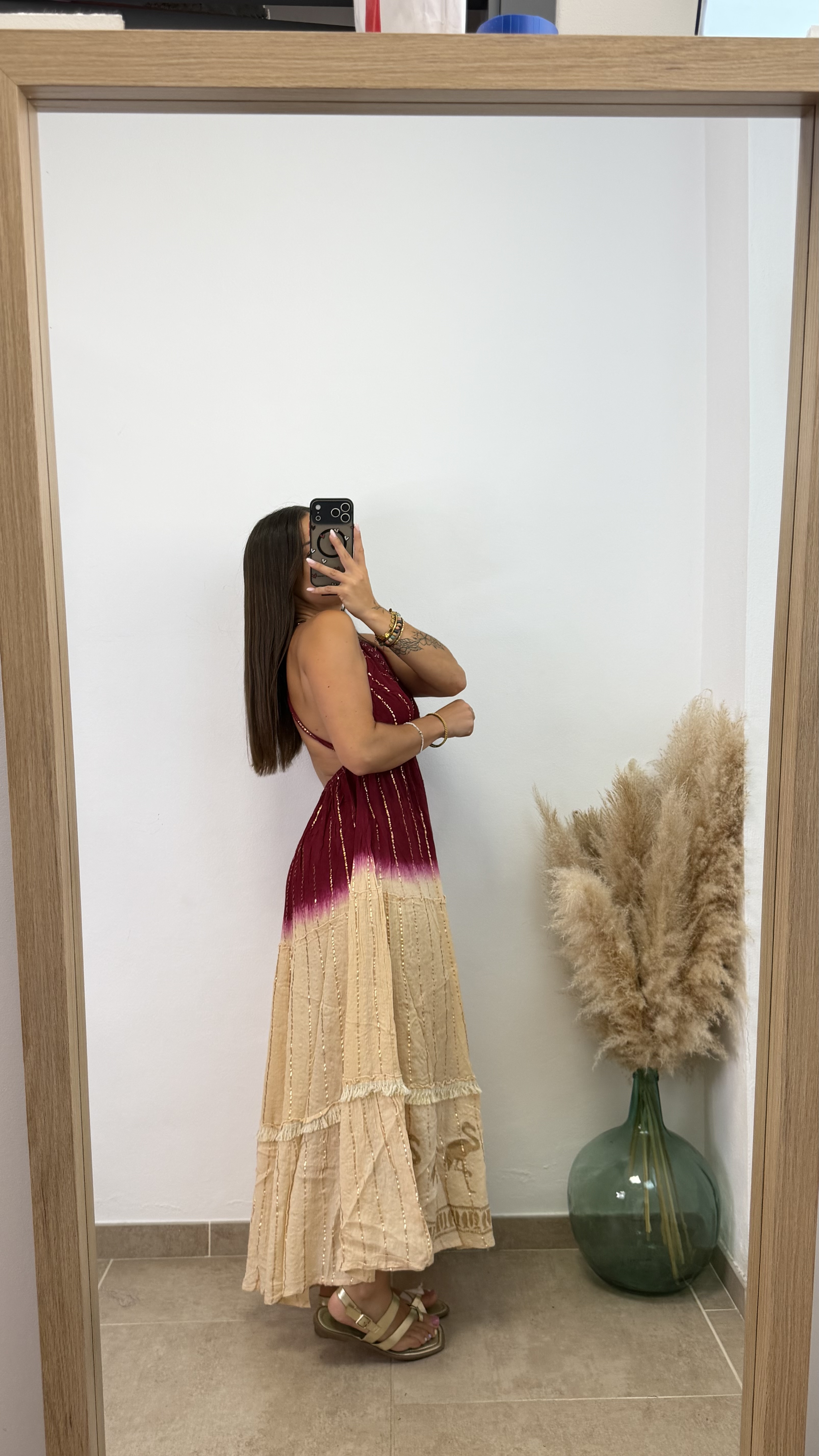 Vestido étnico espalda descubierta desgradado - Burdeos y dorado - Imagen 4