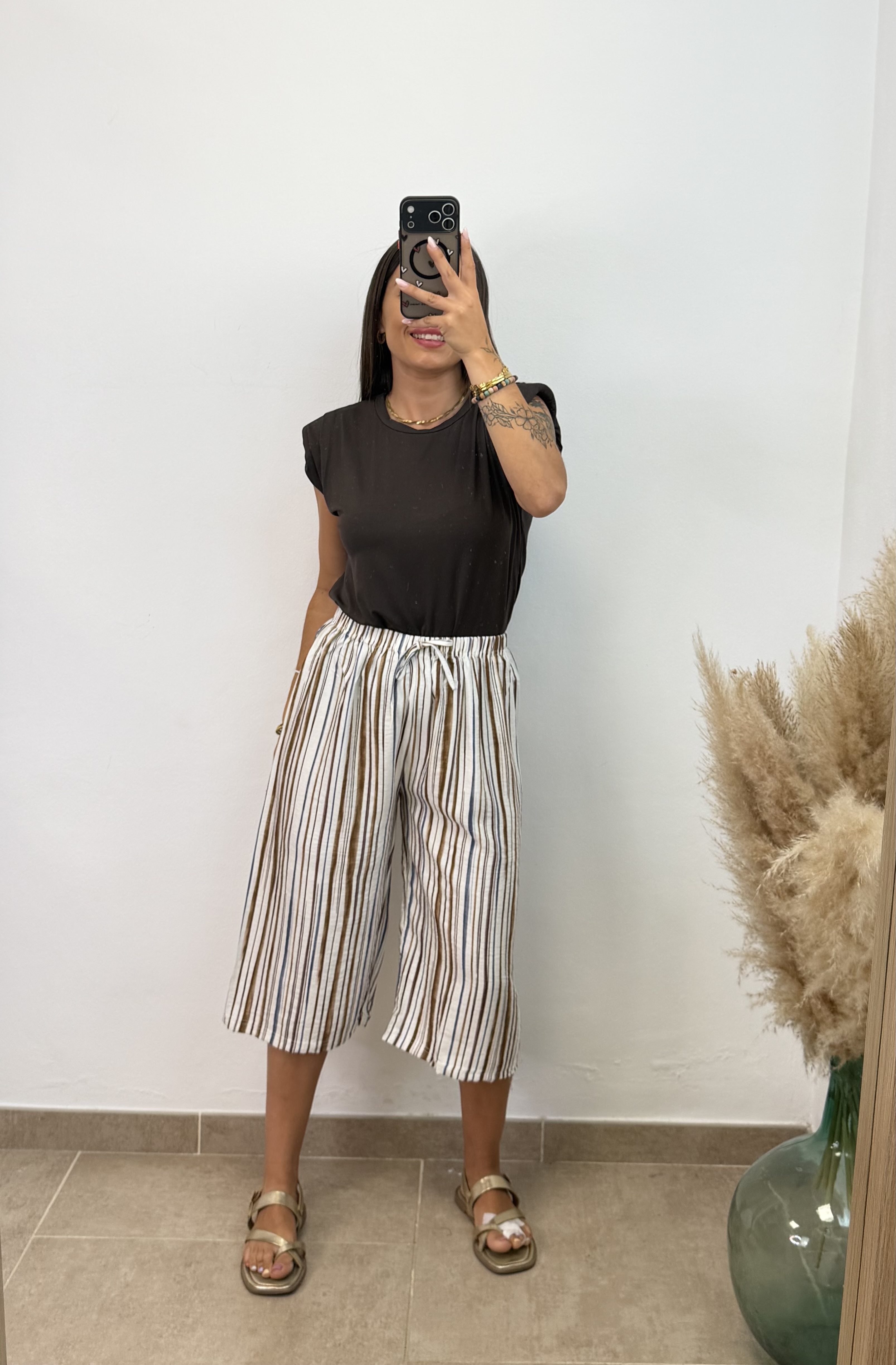 Pantalón raya midi - Chocolate y azul