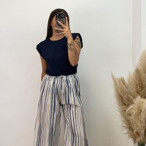 Pantalón raya midi - Azul marino y beige
