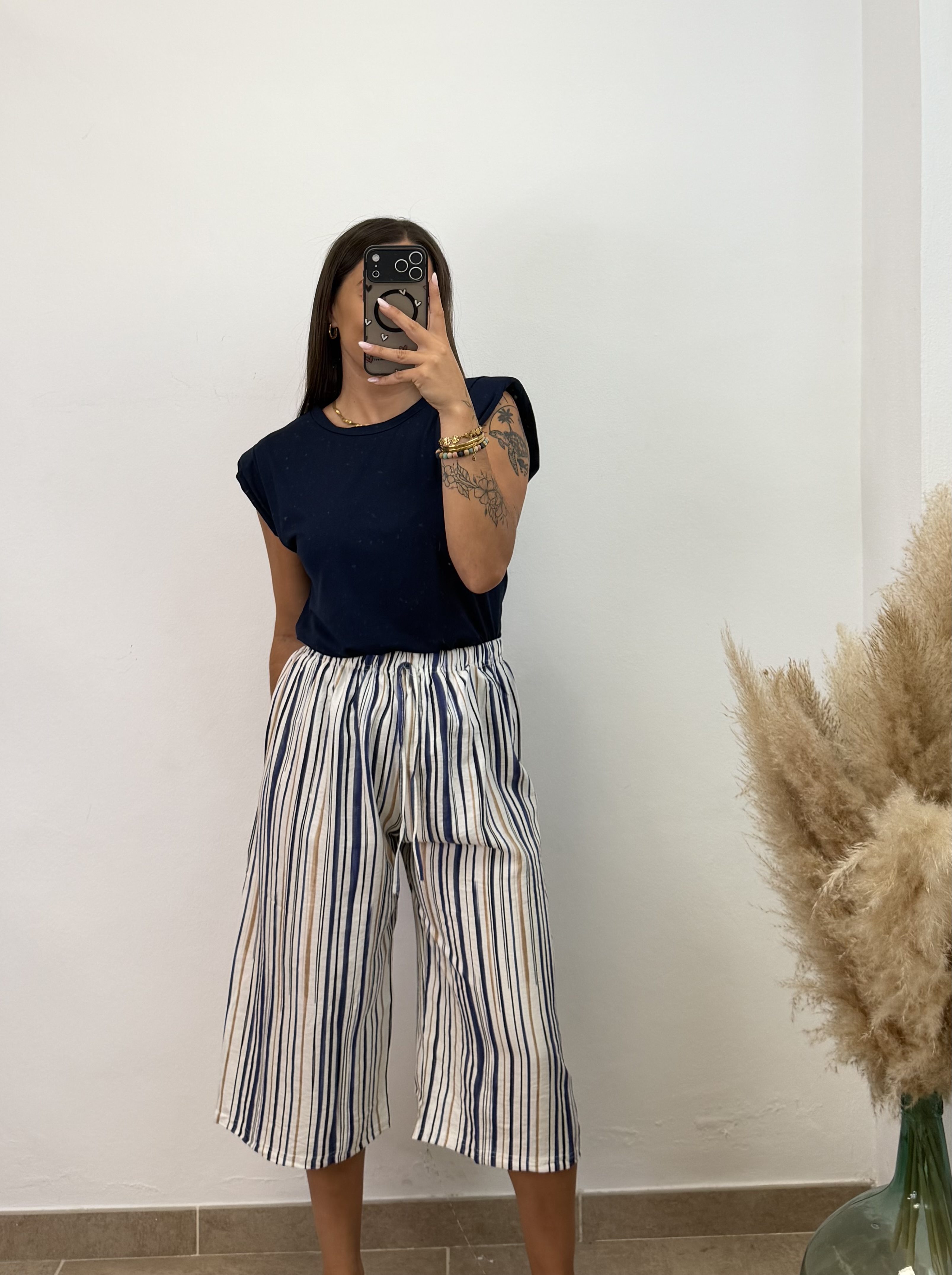 Pantalón raya midi - Azul marino y beige
