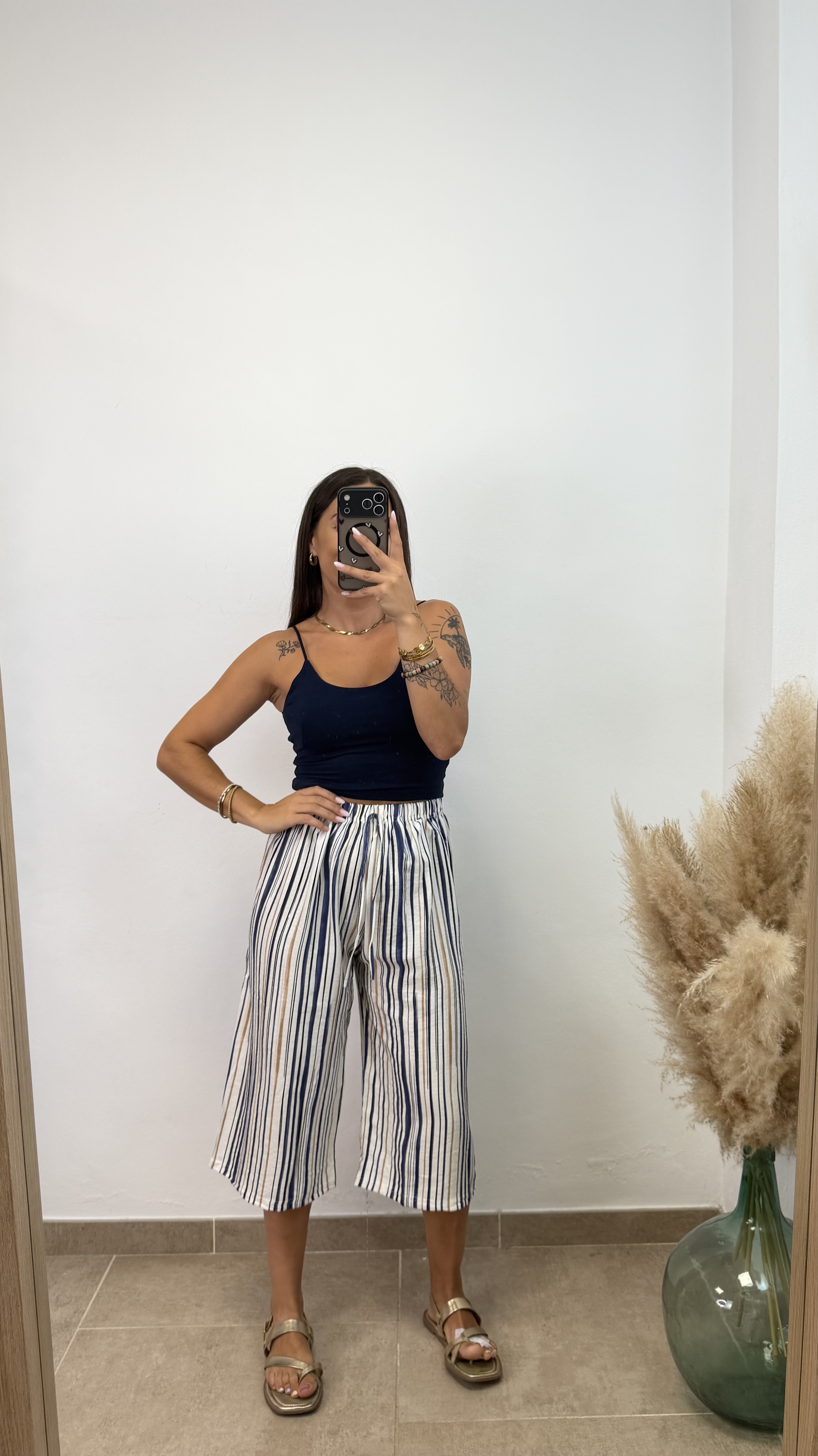 Pantalón raya midi - Azul marino y beige - Imagen 3