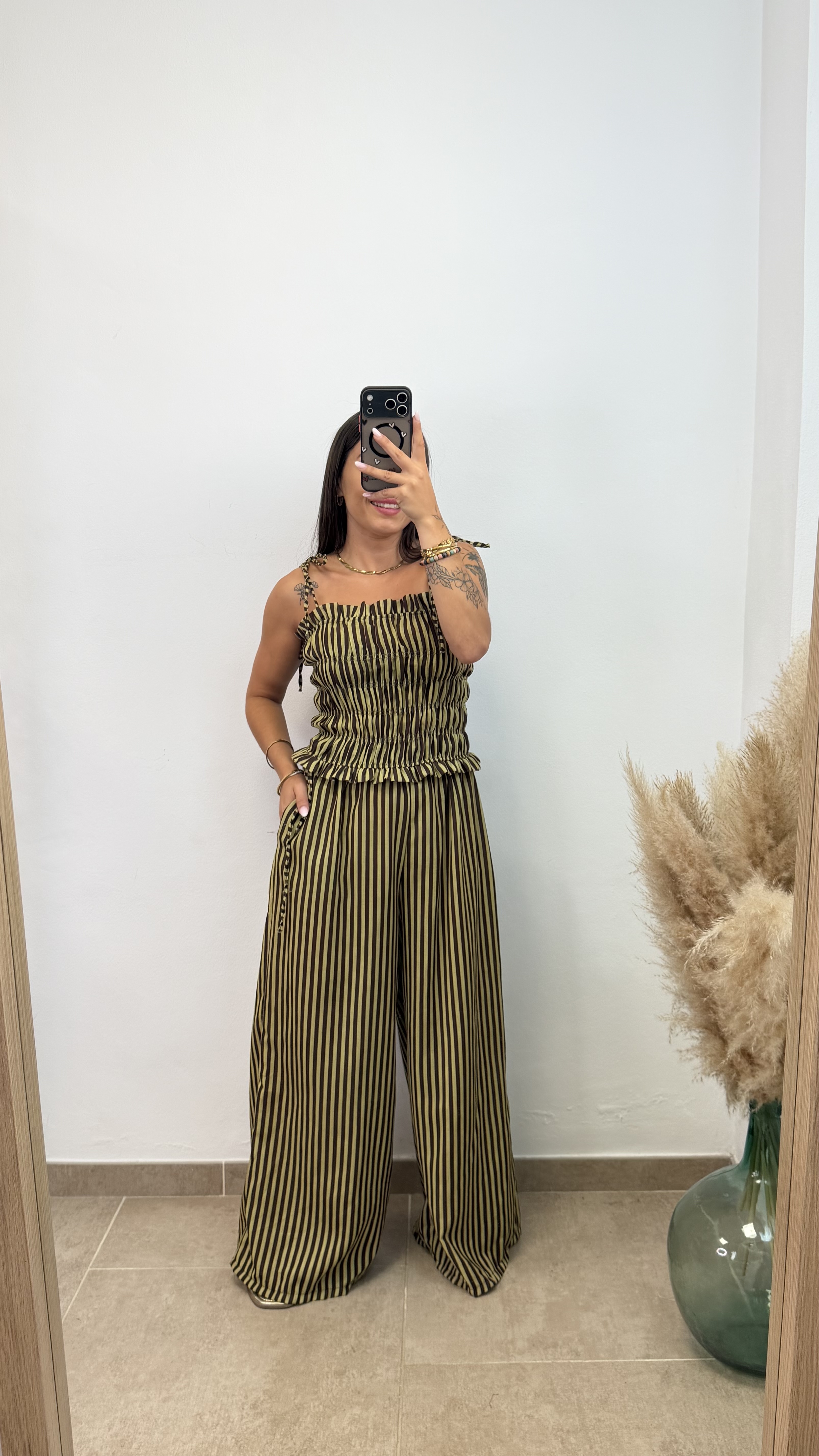 Conjunto dos piezas rayas - Verde/chocolate