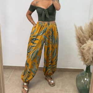 Pantalón hoja puño - Mostaza/verde agua