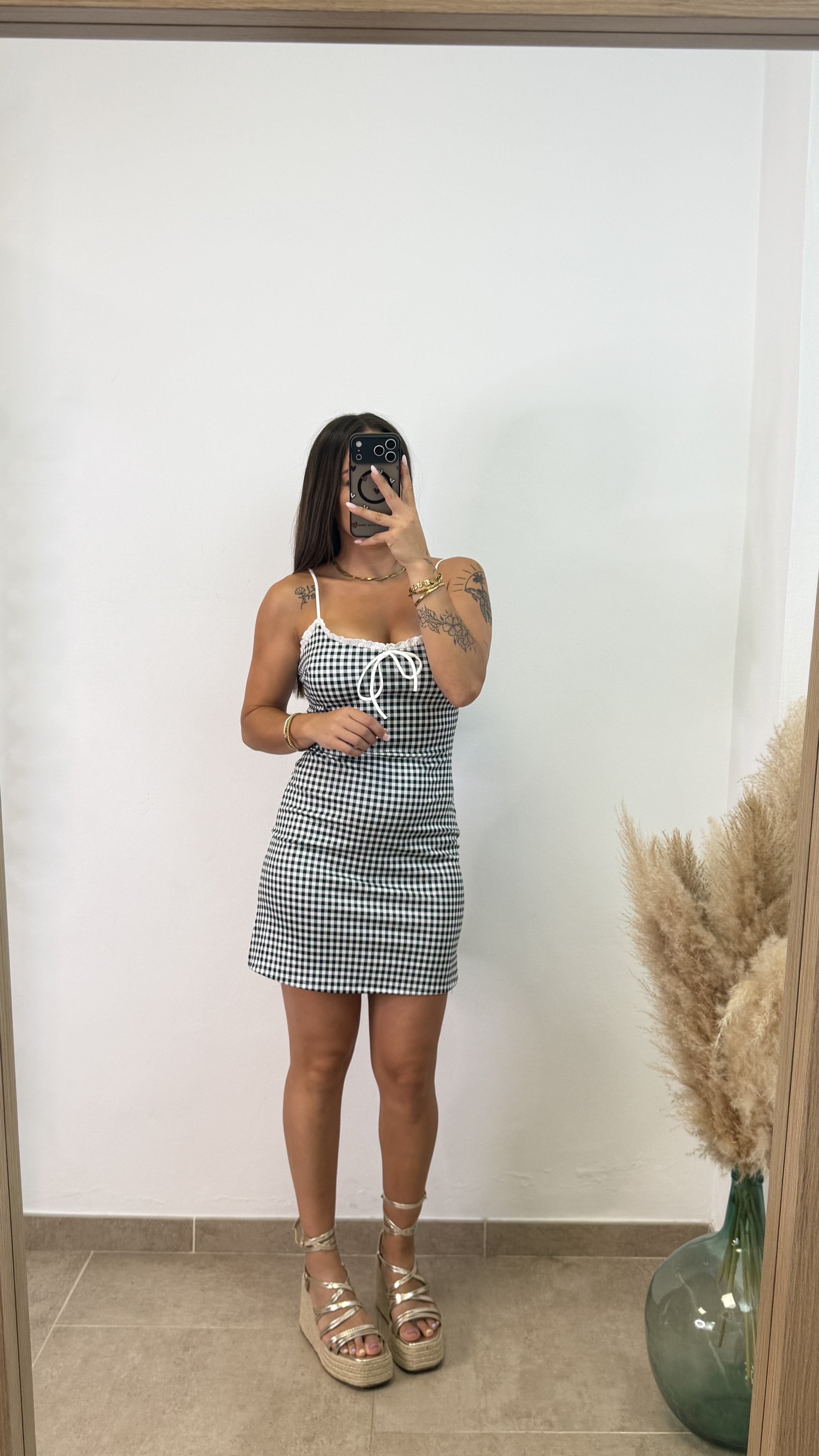 Vestido Vichy corto - Negro - Imagen 3