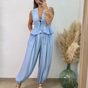 Conjunto fruncido largo PROMO I Celeste