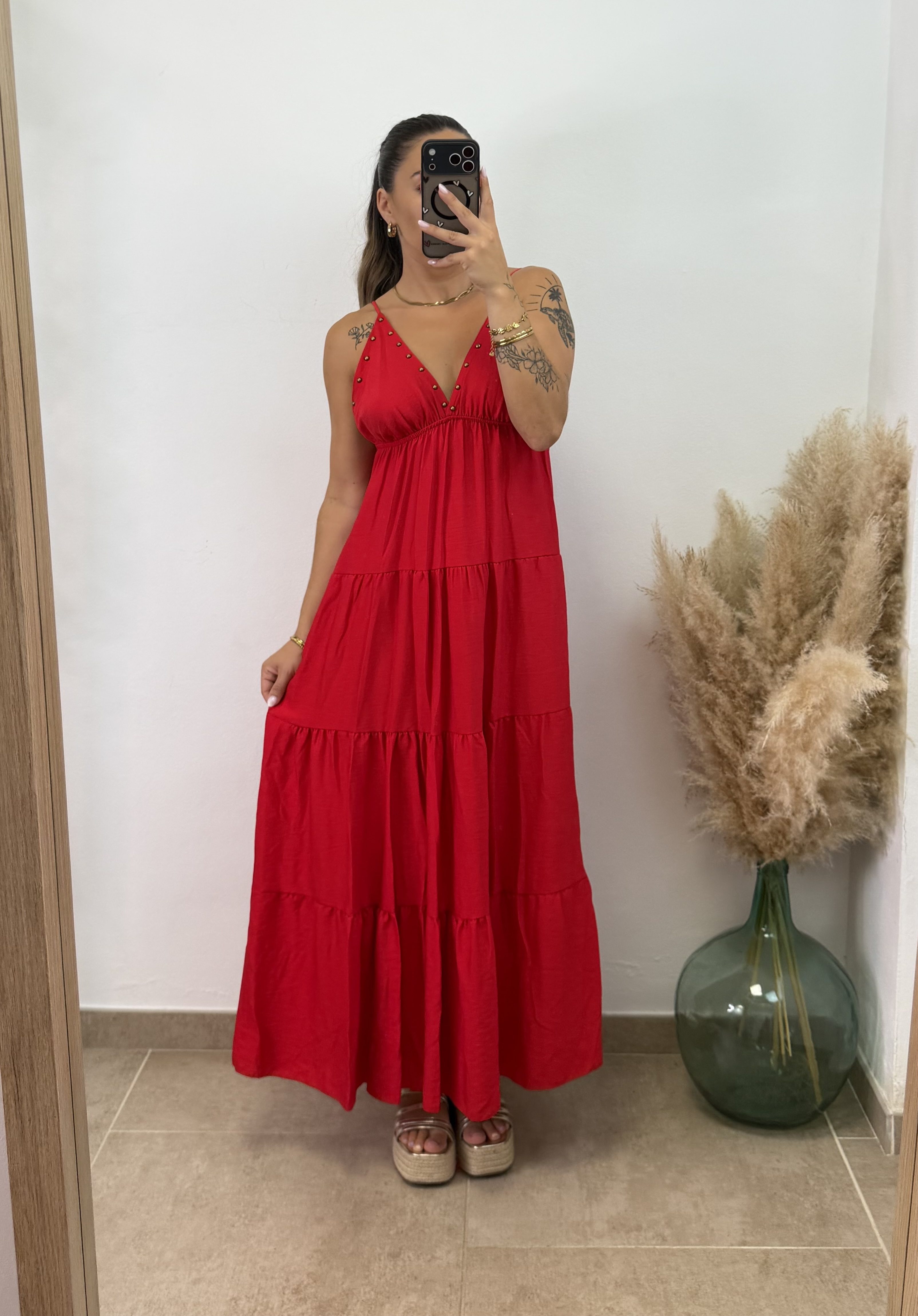 Vestido largo tachuelas I Rojo