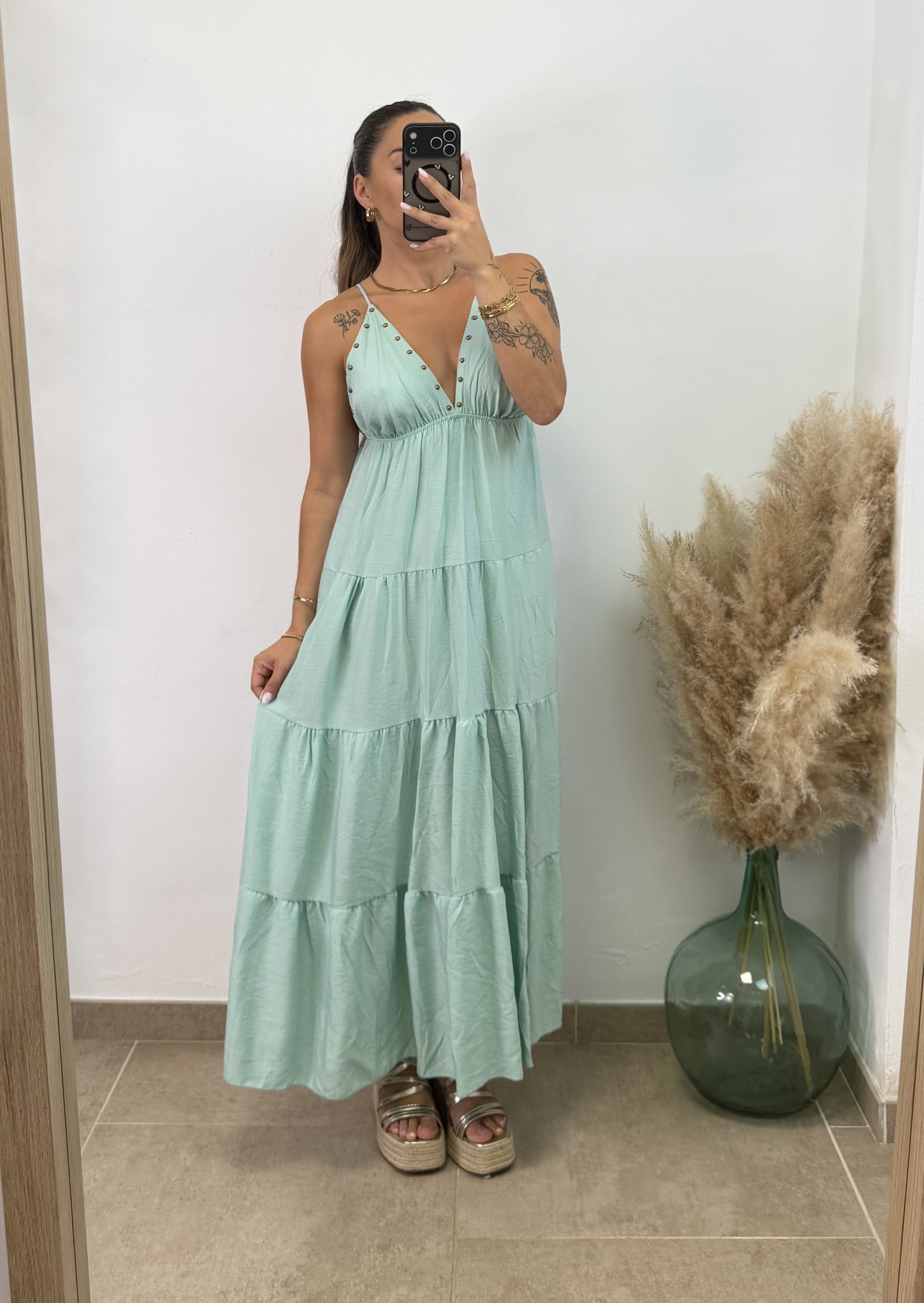 Vestido largo tachuelas I Verde agua