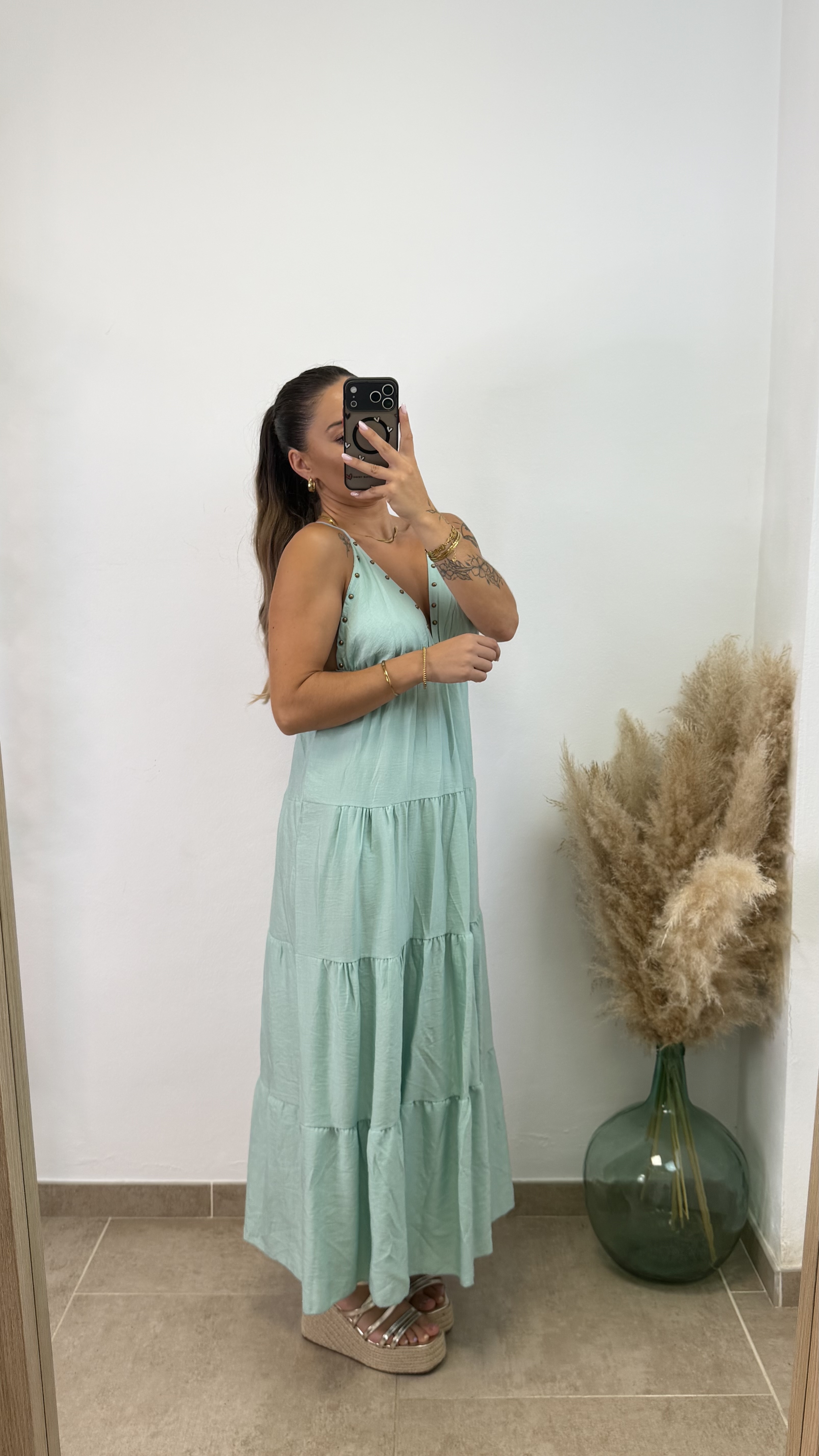 Vestido largo tachuelas I Verde agua - Imagen 2