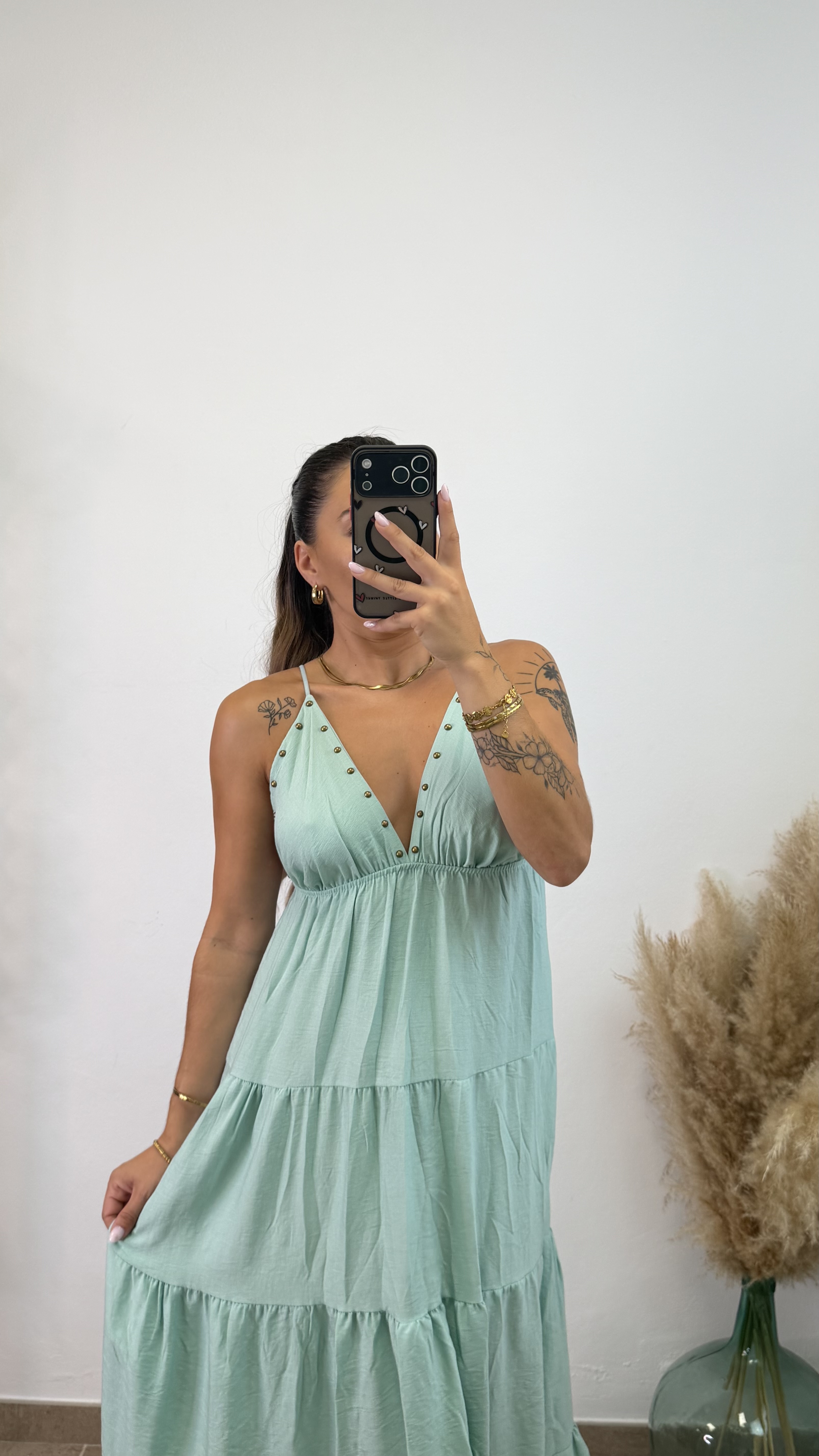 Vestido largo tachuelas I Verde agua - Imagen 3