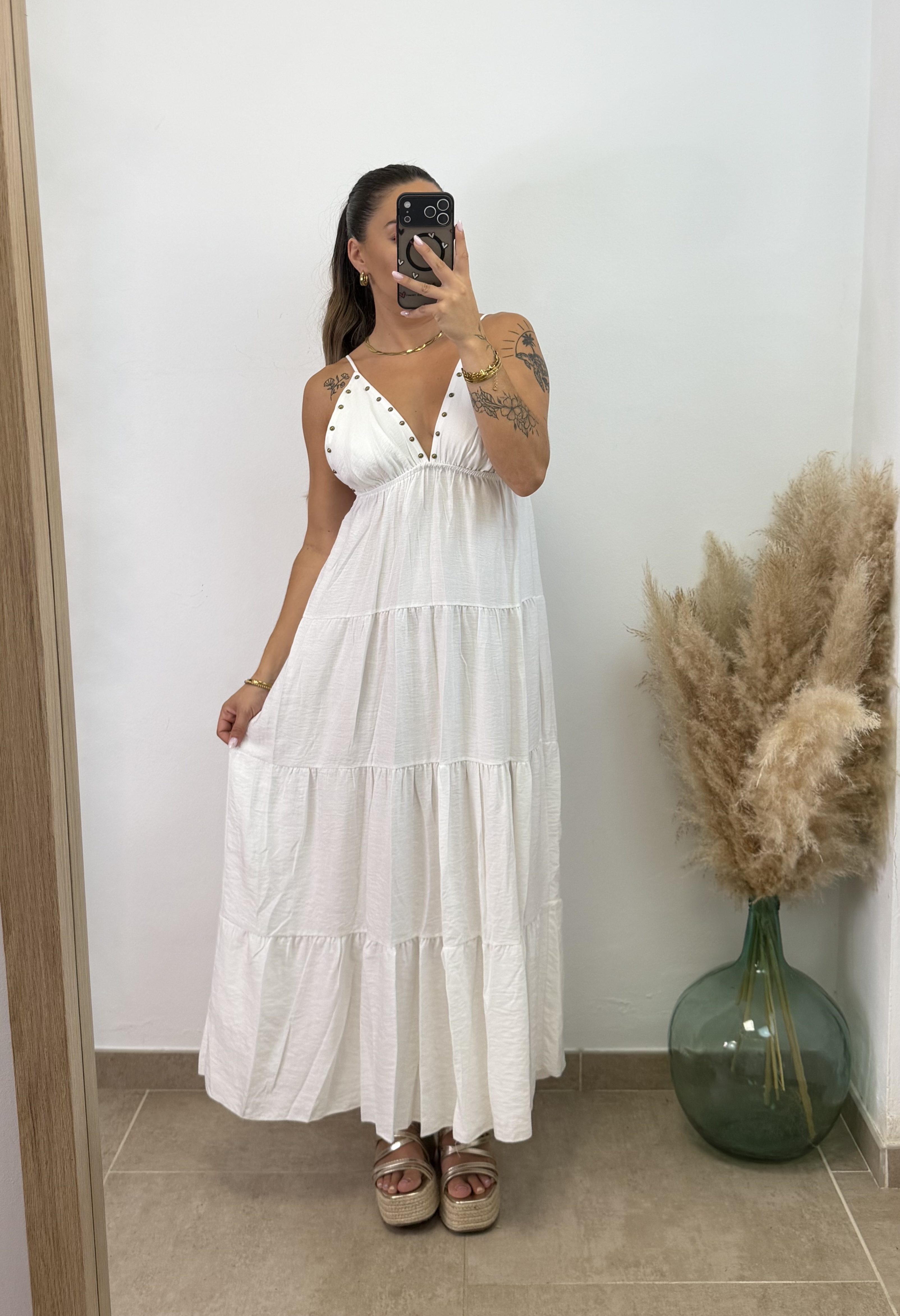 Vestido largo tachuelas I Blanco
