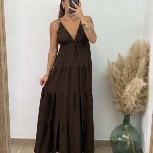 Vestido largo tachuelas I Chocolate