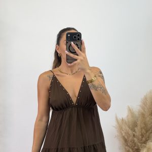 Alternative view of Vestido largo tachuelas I Chocolate