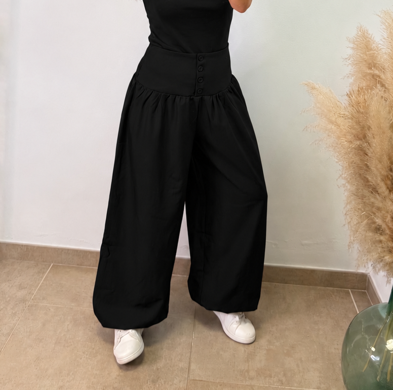 Pantalón puño botónes panel abeja - Negro