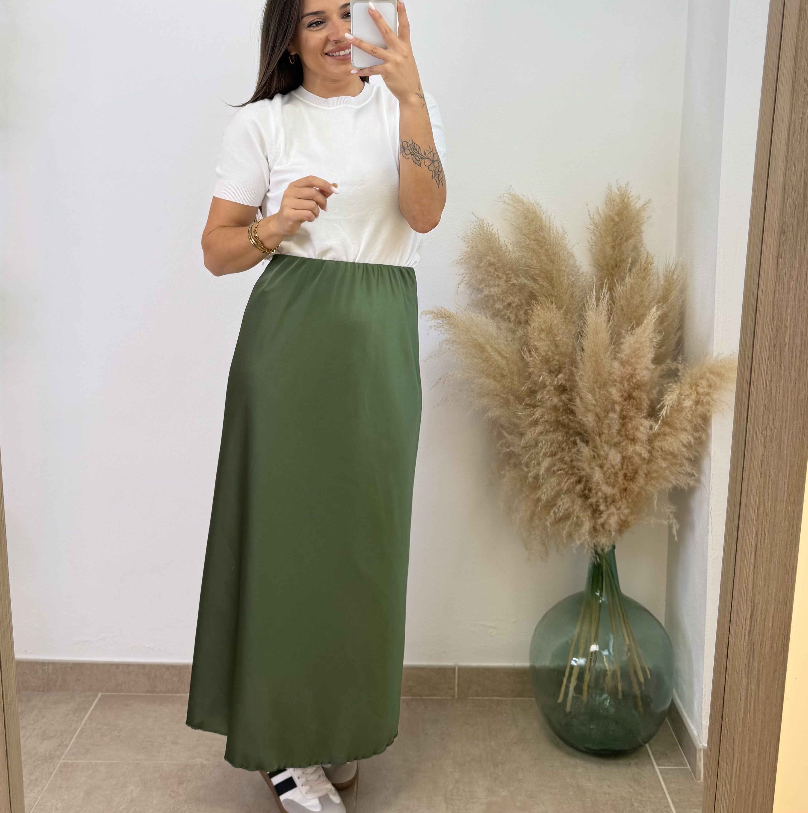 Falda satinada Sara - Verde militar