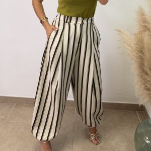 Pantalón botón rayas - Beige y chocolate