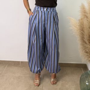 Pantalón botón rayas - Azul y chocolate
