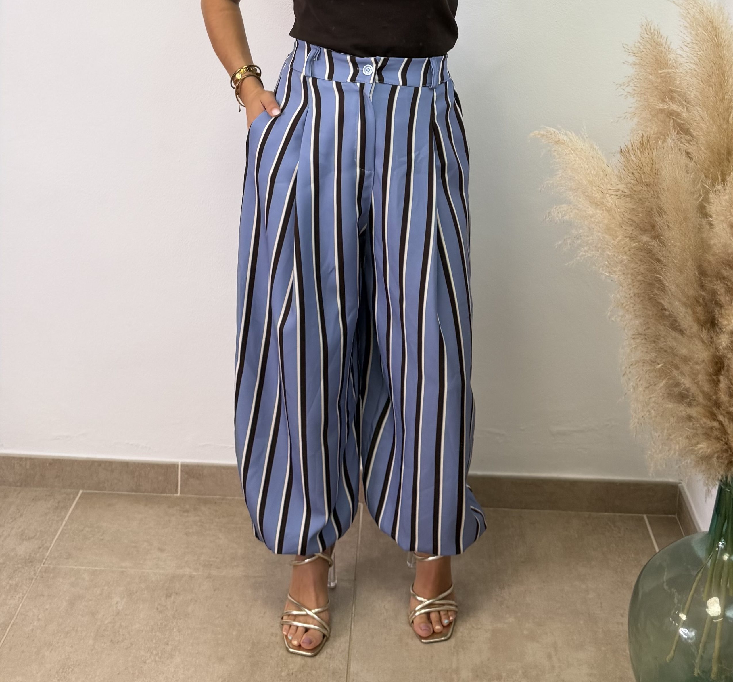 Pantalón botón rayas - Azul y chocolate
