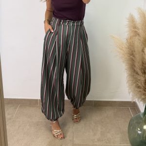 Pantalón botón rayas - Verde y burdeos