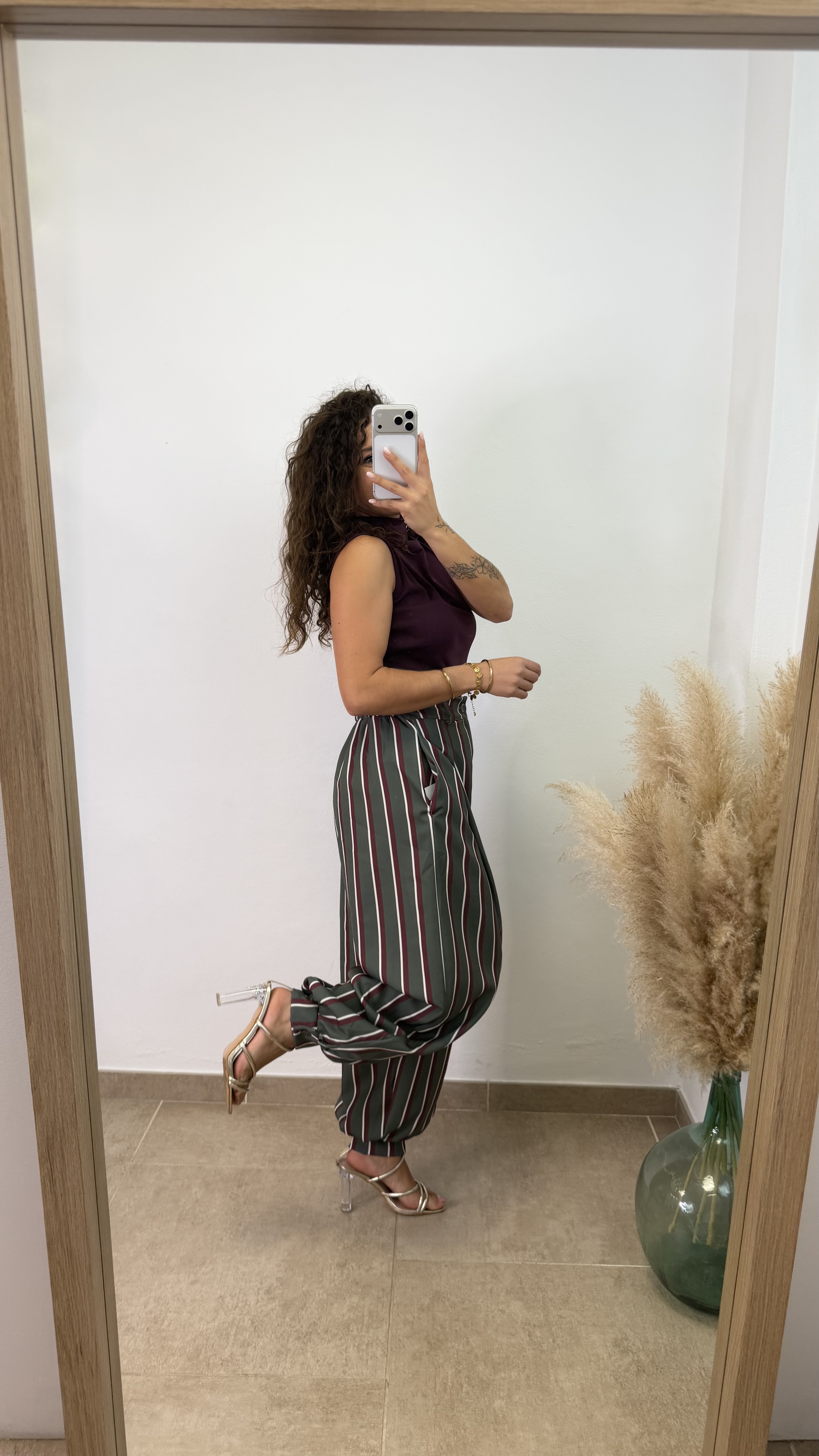 Pantalón botón rayas - Verde y burdeos - Imagen 2