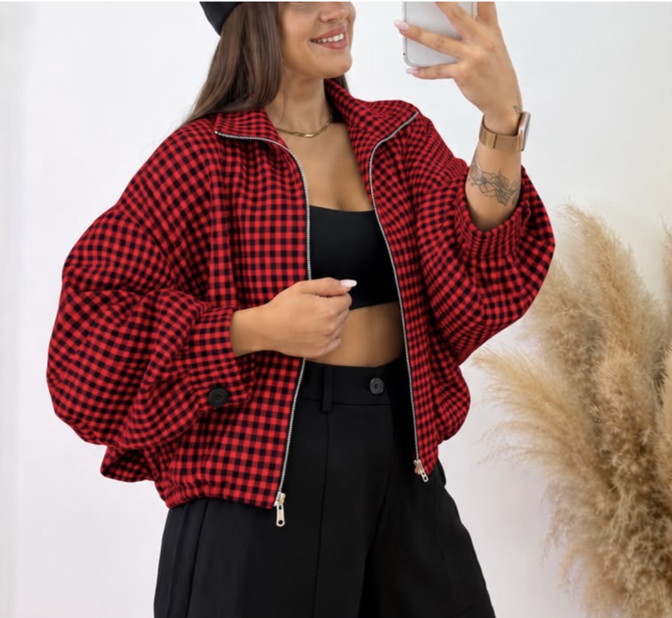 Chaqueta bomber cuadros - roja y negra