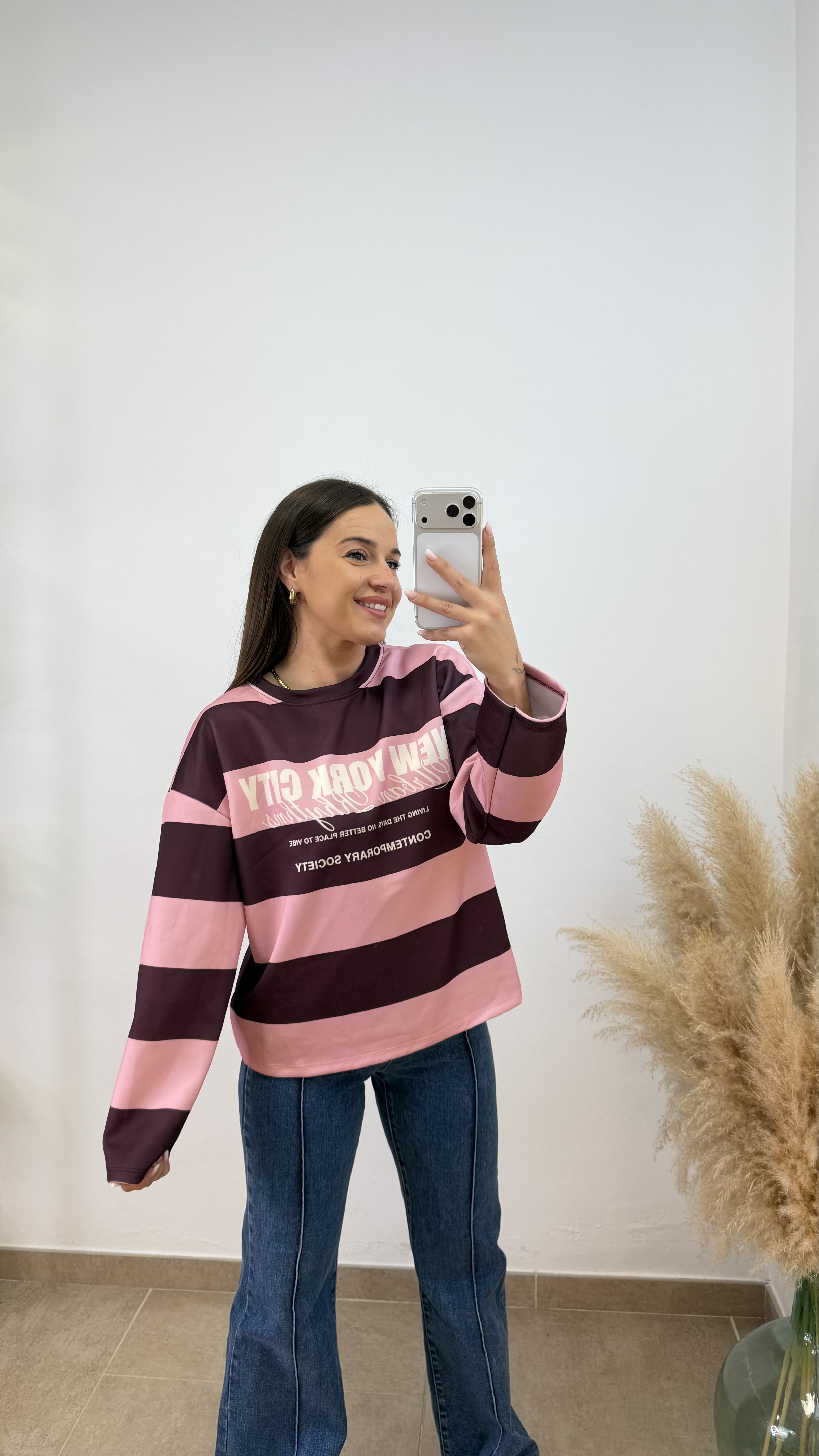 Sudadera new york city rayas - Rosa y morado